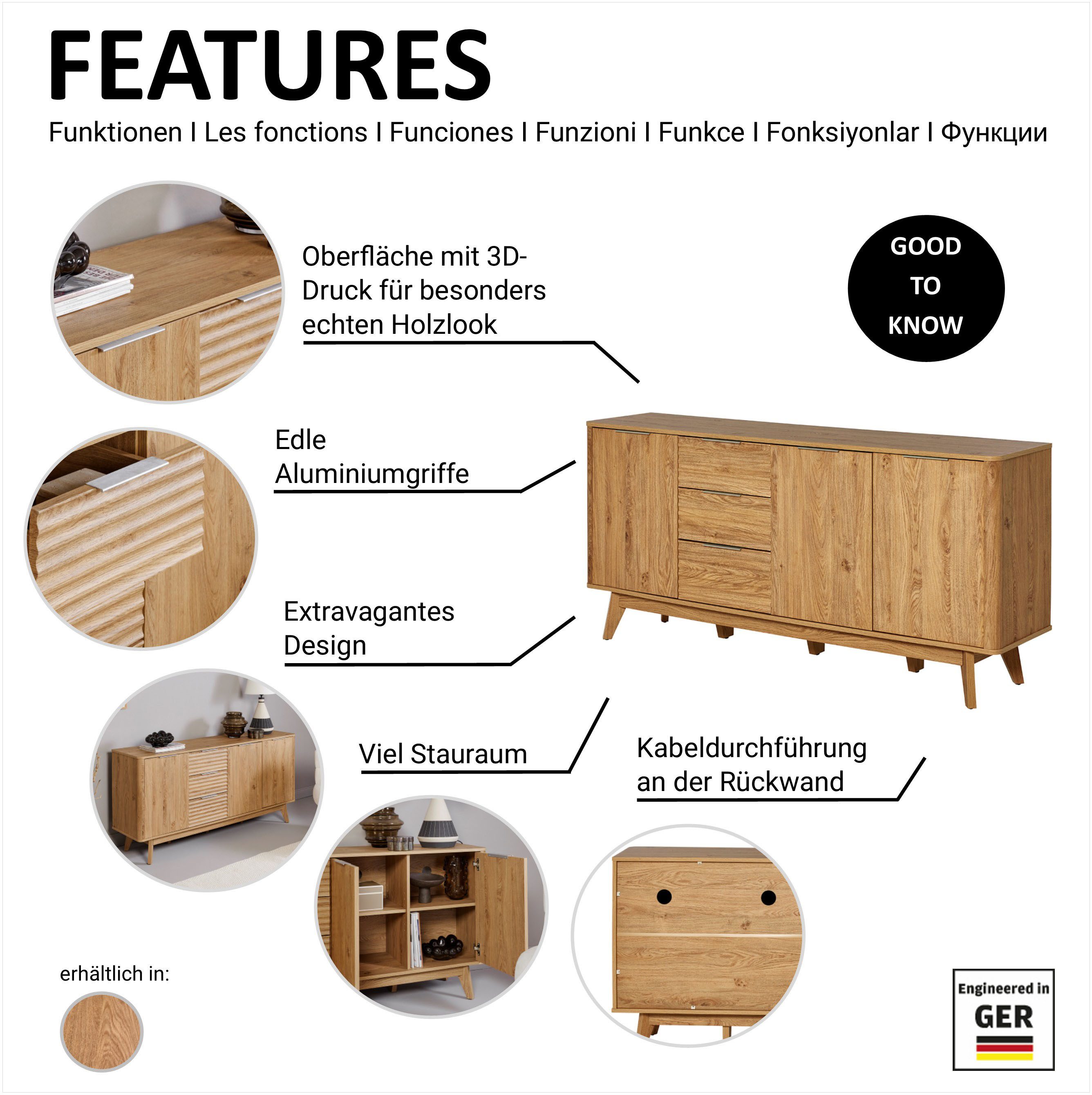 Jahnke Sideboard WAVE SB 170 (1 St), Sideboard, 3 Schubladen + 3 Türen, Wellendesign, Breite 169,5 cm