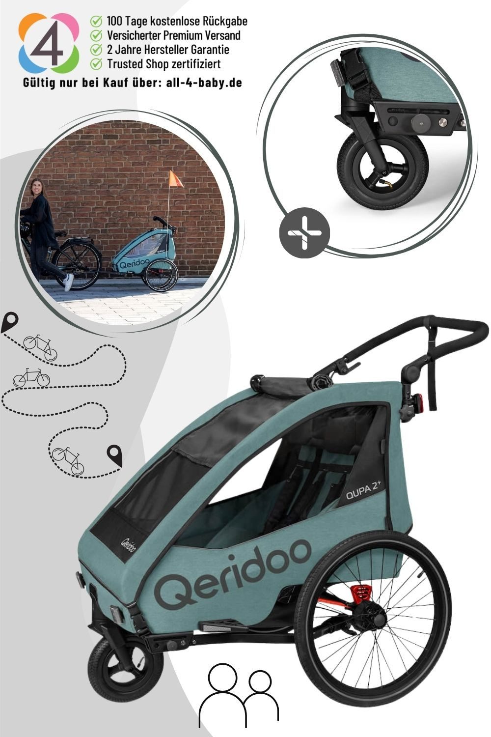 Qeridoo Fahrradkinderanhänger Qupa Plus 2 - Kinderfahrradanhänger für 2 Kinder