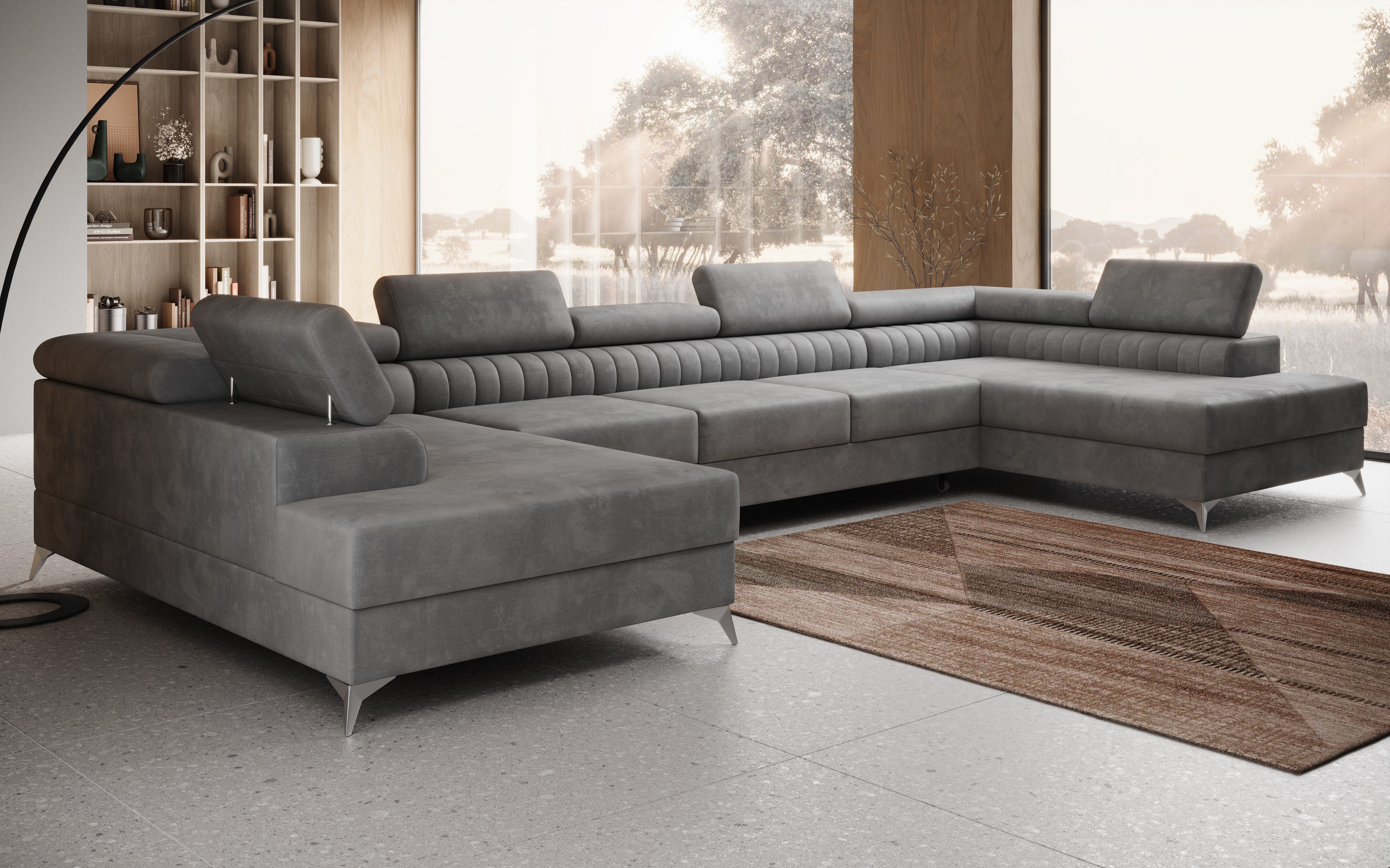 thematys Ecksofa FERMO 403 x 203cm mit Schlaffunktion & Bettkasten –, U-Sofa mit verstellbaren Kopfstützen, Samt (Monolotith), oder Bouclé (Quelle), - U-Form, XL-Wohnlandschaft, 390 cm breit
