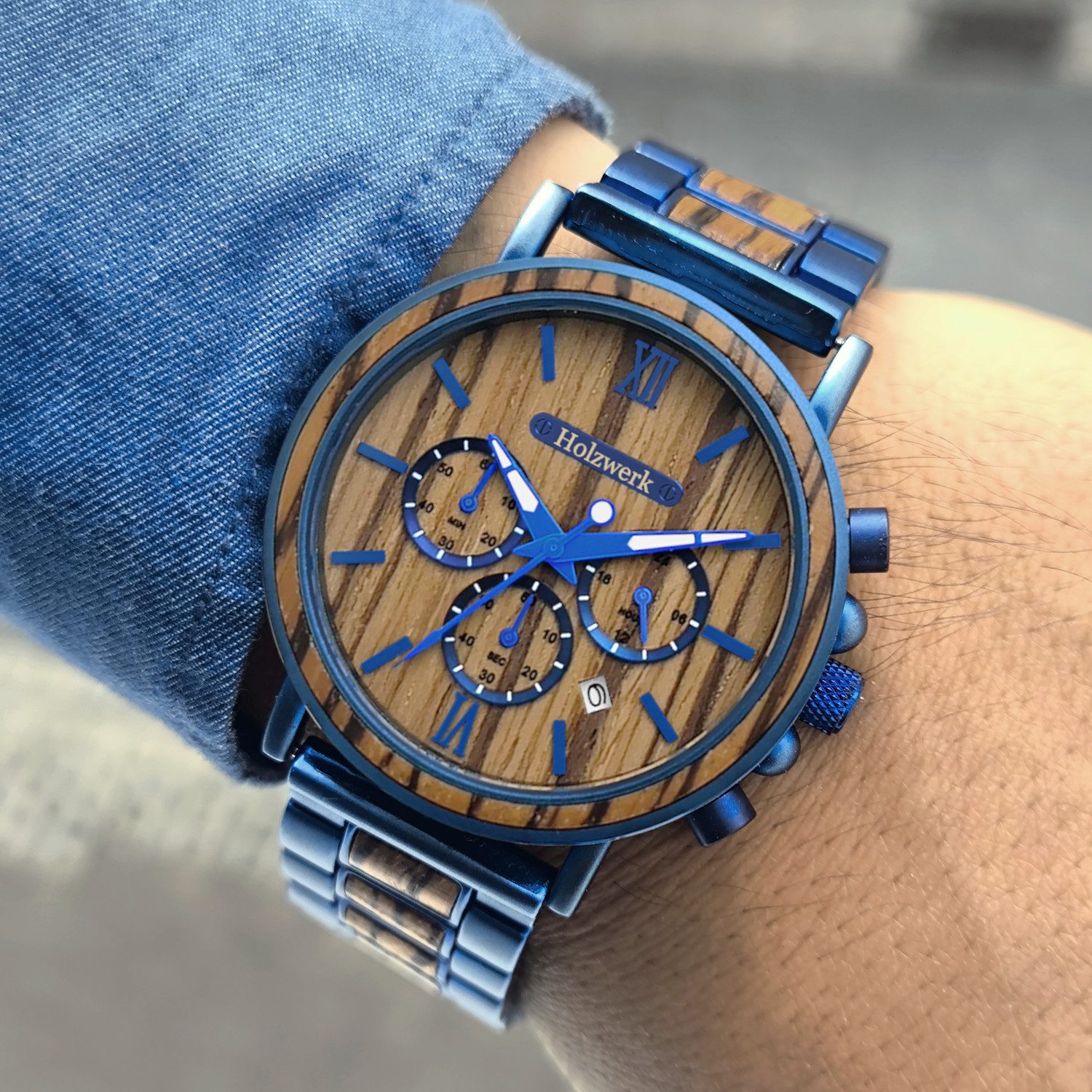 Holzwerk Chronograph Herren Designer Edelstahl & Holz Armband Uhr mit Datum, (inklusive Armbandkürzer), Holz Unikate, ideal auch als Geschenk, Quarzuhrwerk