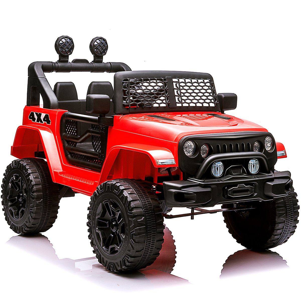 Fangqi Elektro-Kinderauto Jeep elektrisches Kinderauto,2*30W Doppelmotoren, 12V4,5Ah Batterie, Belastbarkeit 30 kg, Mit LED-Licht, 2-Gang-Softstart-Elektroauto mit Hupe, Frontlicht Rot