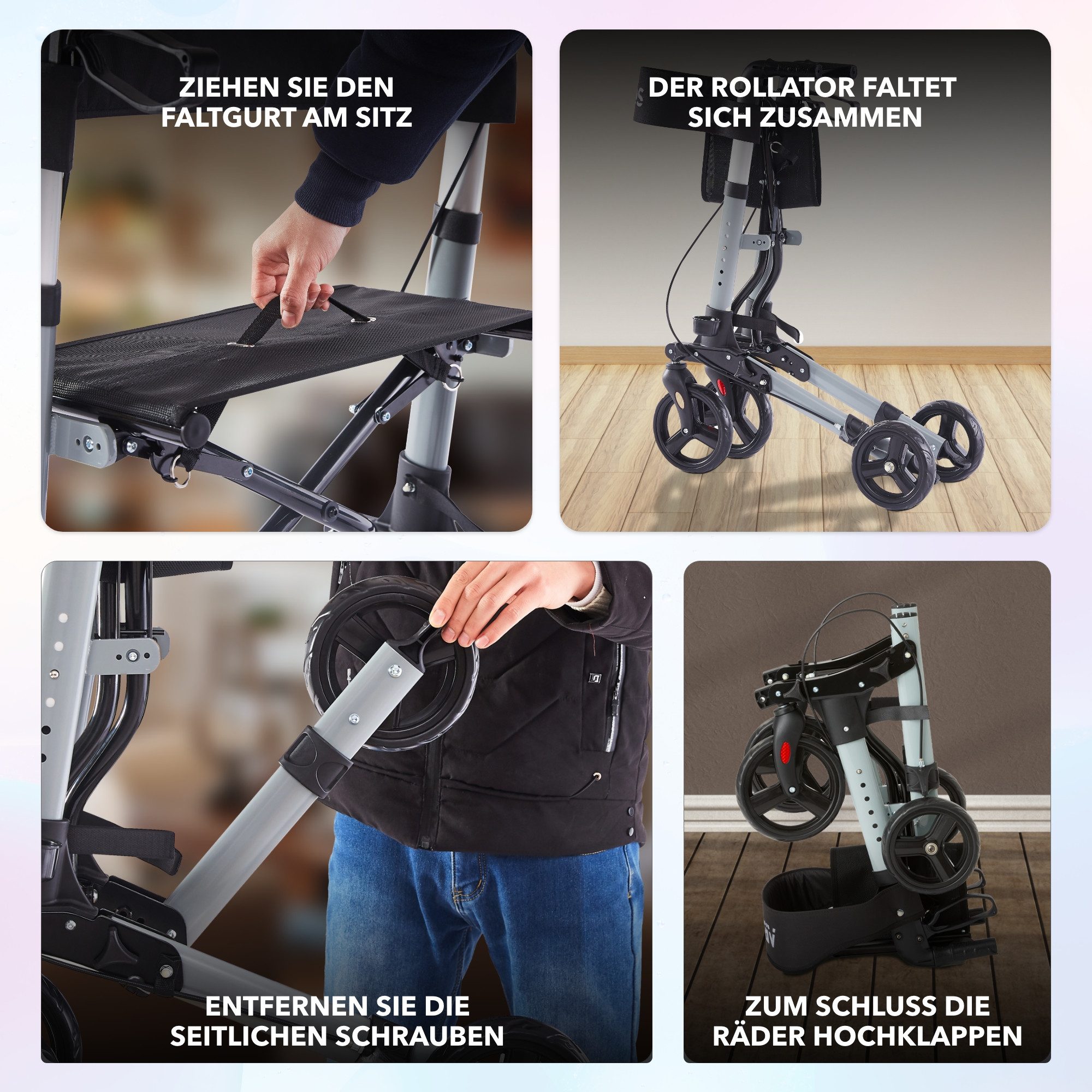 Arebos Rollator Aluminium faltbar 6-fach höhenverstellbar mit Tasche belastbar 136 kg, Ergonomische Griffe – komfortabel für lange Nutzung ohne Ermüdung