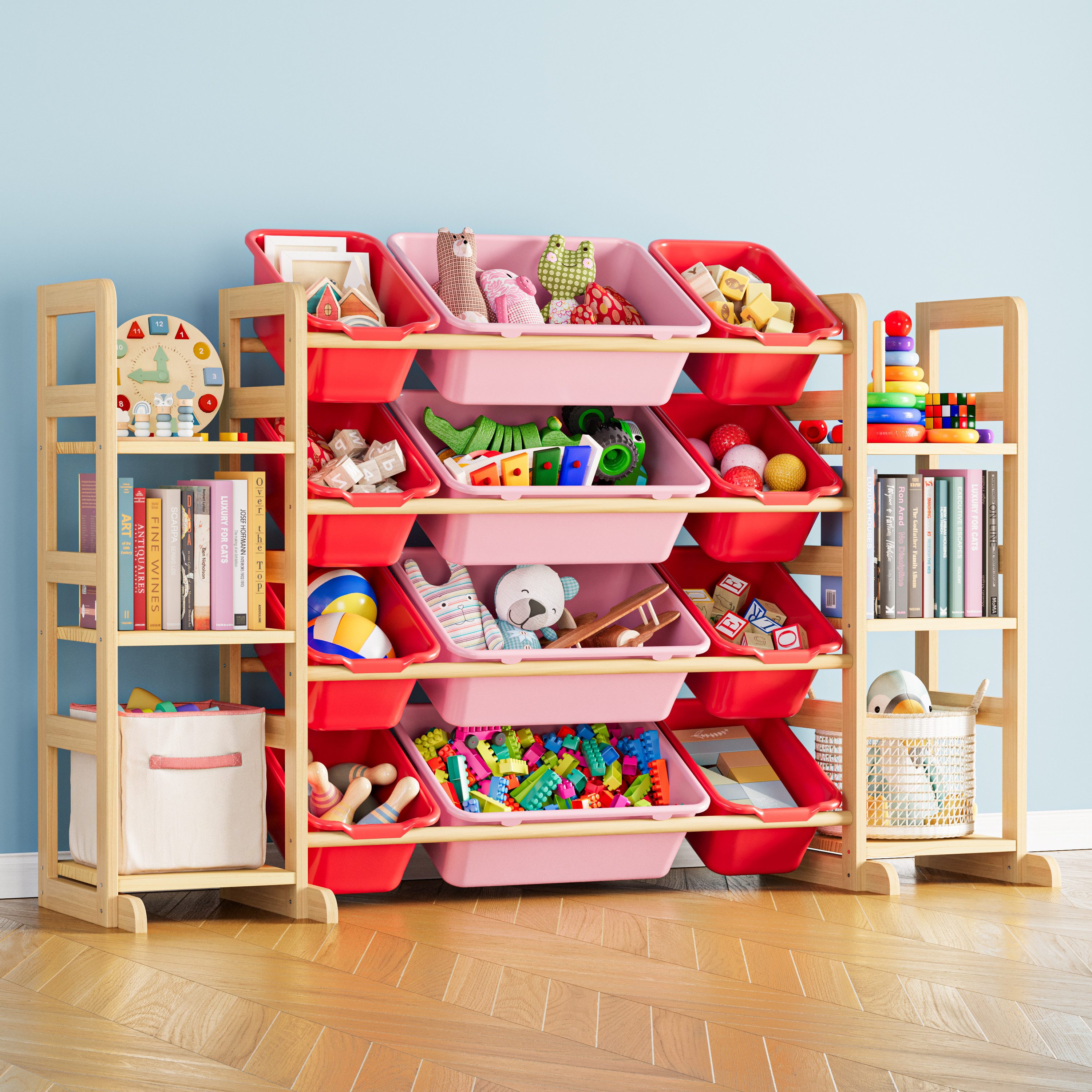 SpaceAid Kinderregal Spielzeug Regal, mit 6 Regalen und 12 Behältern, Bücherregal Kinder