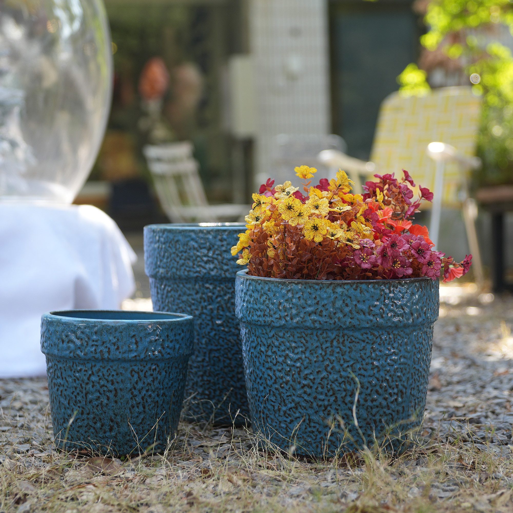 Rolipo Pflanzkübel 3-teiliges handgemachtes Keramikpflanztopf-Set, Ø38,1/30,5/22,7 cm, Antikblau fleckig-körnige Glasur, für Fensterbänke & Bücherregale