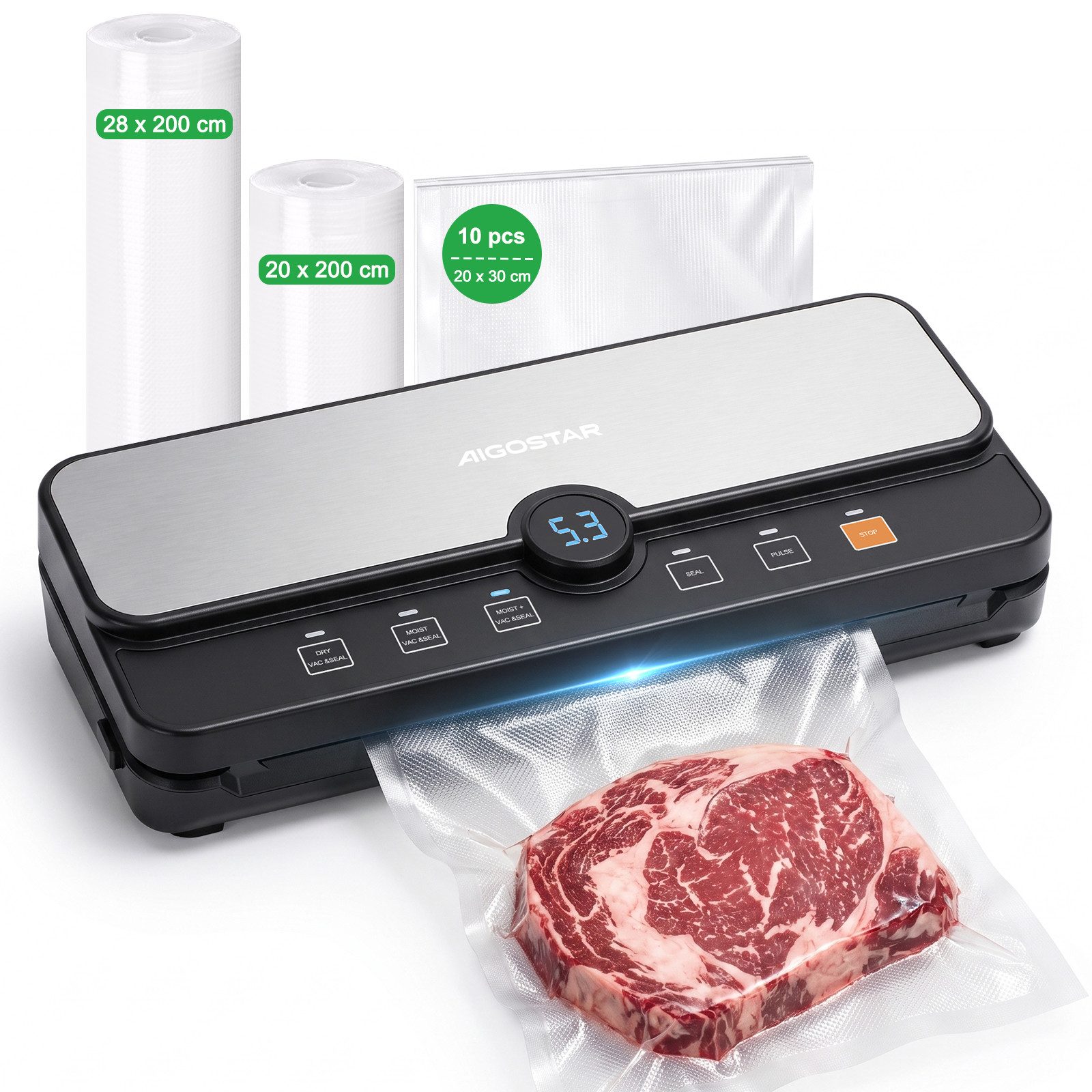 Aigostar Vakuumierer Vakuumiergerät, 9 L/Min, digitaler Timer, abnehmbare Auffangschale, 110W, 6 Modi, „Moist+“-Funktion, integriertem Schneider und Rollenfach
