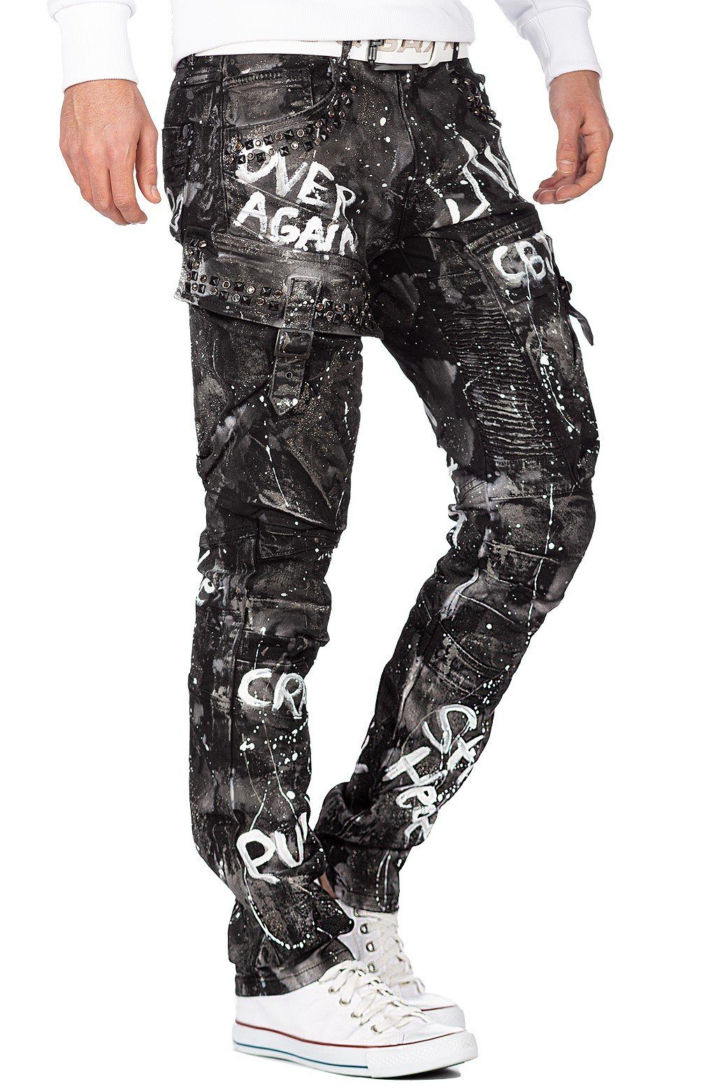 Cipo & Baxx Regular-fit-Jeans Herren Regular Fit Hose Glitzer BA-CD572 (1-tlg) Schwarz mit Glitzereffekt und Cargo – Bild 3 von 5
