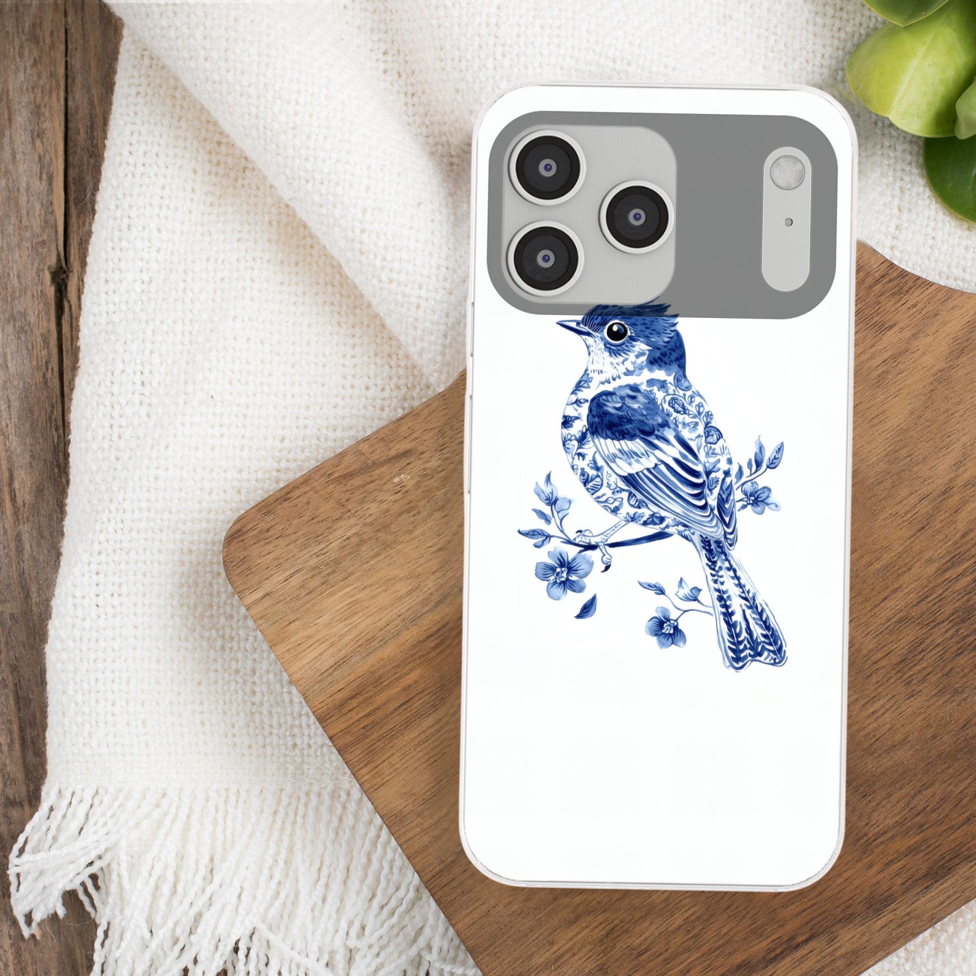 MuchoWow Handyhülle für Apple iPhone 17 Pro Max Vogel - Delfter Blau - Illustration - Blum, Smartphone-Bumper, Print, Handy Schutzhülle Dünn