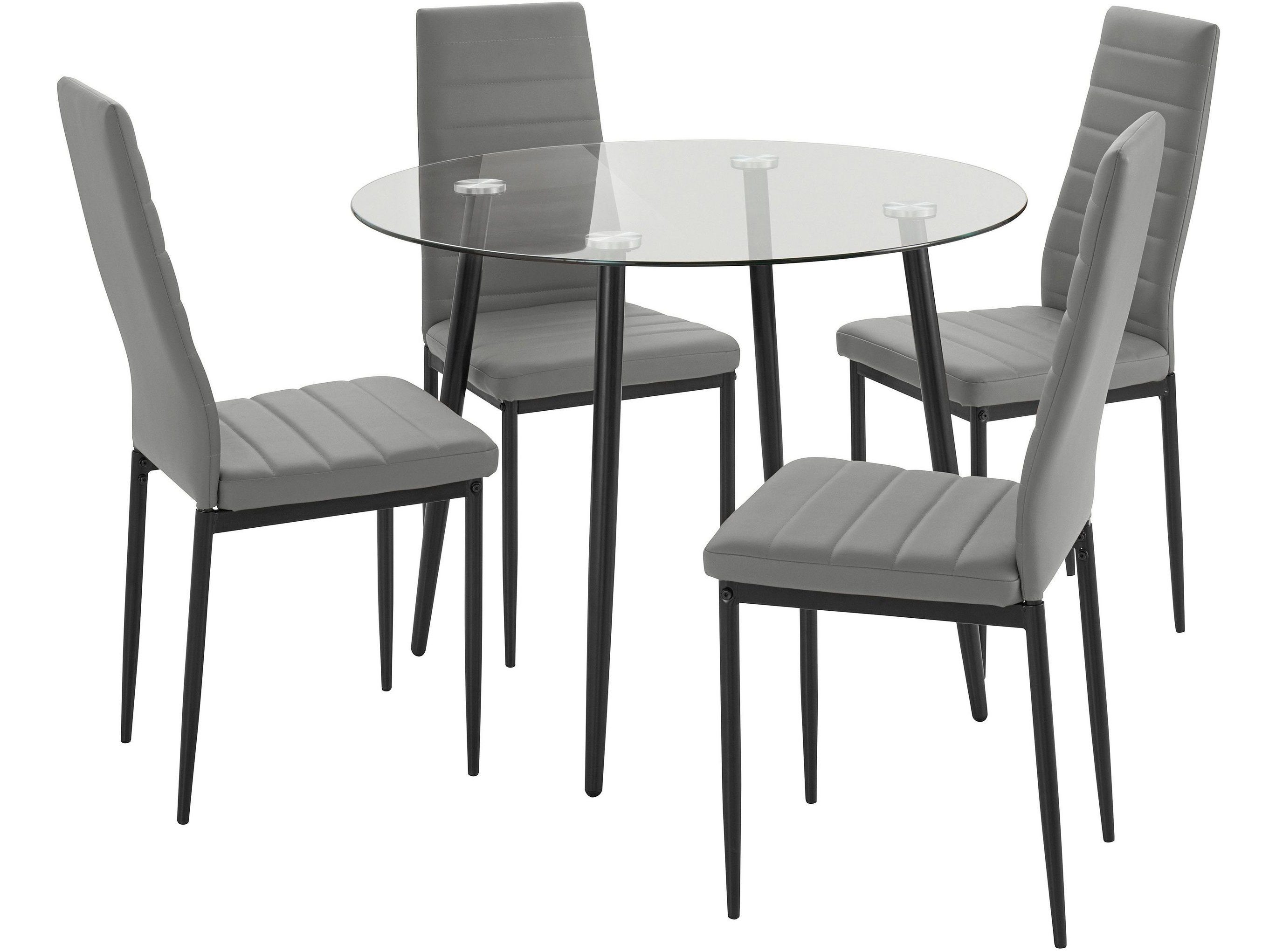 loft24 Essgruppe Darius, (Set, 5-tlg., 4 Stühle, 1 Tisch), runder Glastisch Ø100 cm, 4 Stühle mit Bezug aus Kunstleder grau