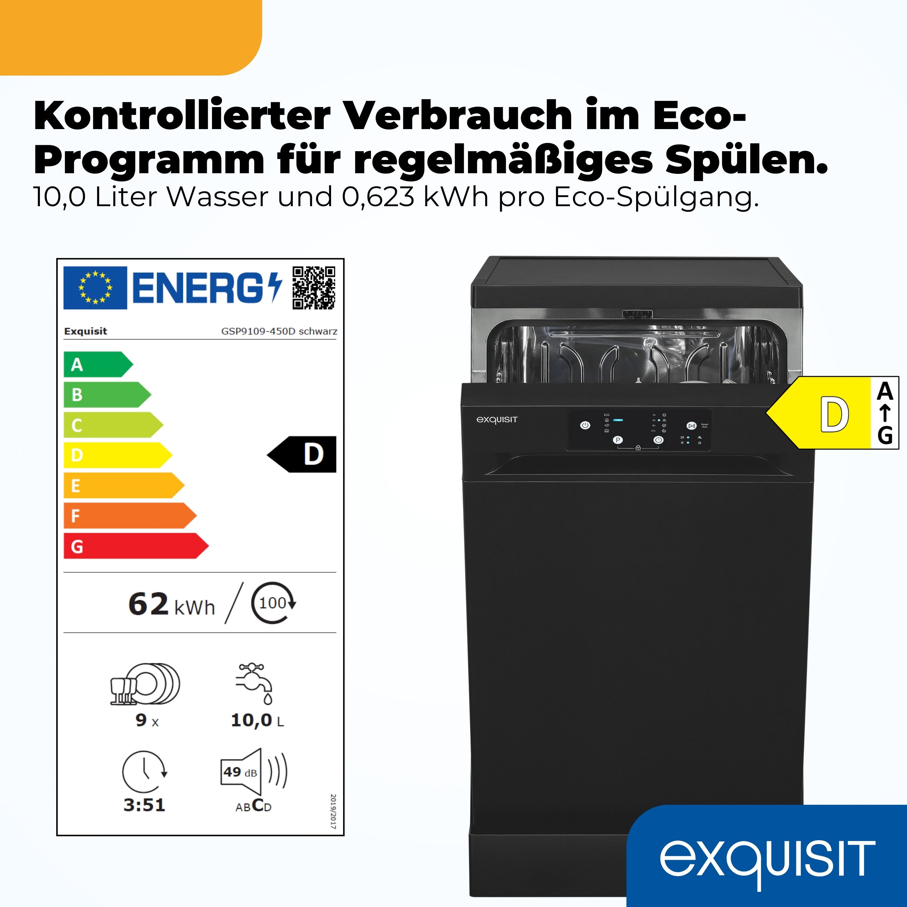 exquisit Standgeschirrspüler GSP9109-450D, 9 Maßgedecke, 4 Programme, Aquastop, Mehrfachschutz