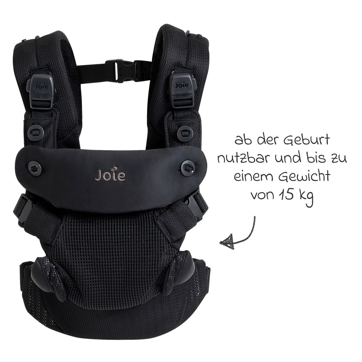 Joie Babytrage Savvy Air - Coal, Baby Bauchtrage Rückentrage für Neugeborene ab 3,5-16 kg 4 positionen