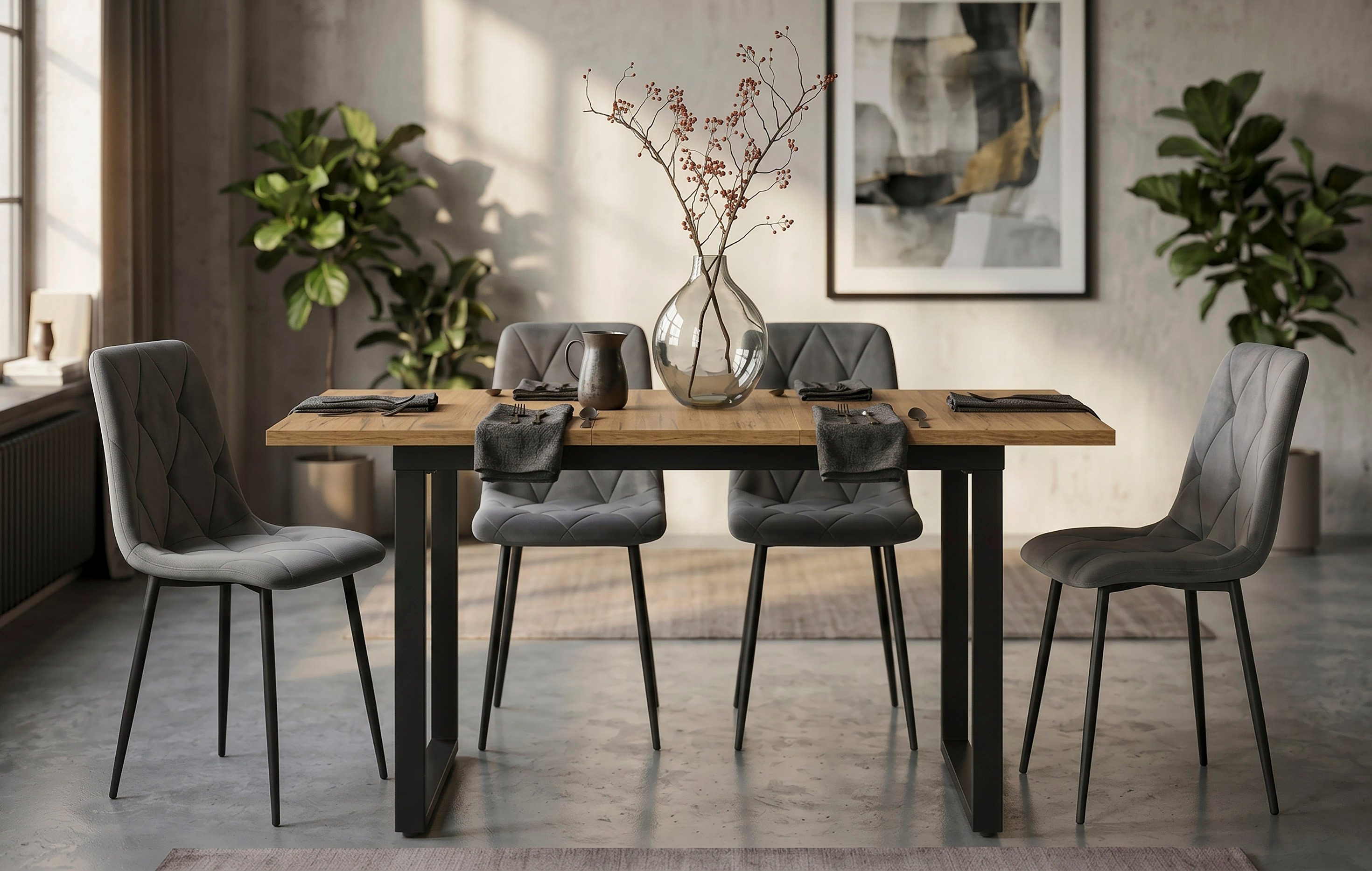 B&D home Essgruppe Essgruppe Anna & Vicka, (Set, 5-tlg., 1 Tisch / 4 Stühle), Esstisch ausziehbar bis 160cm für 4-6 Personen, Stühle in Samtstoff