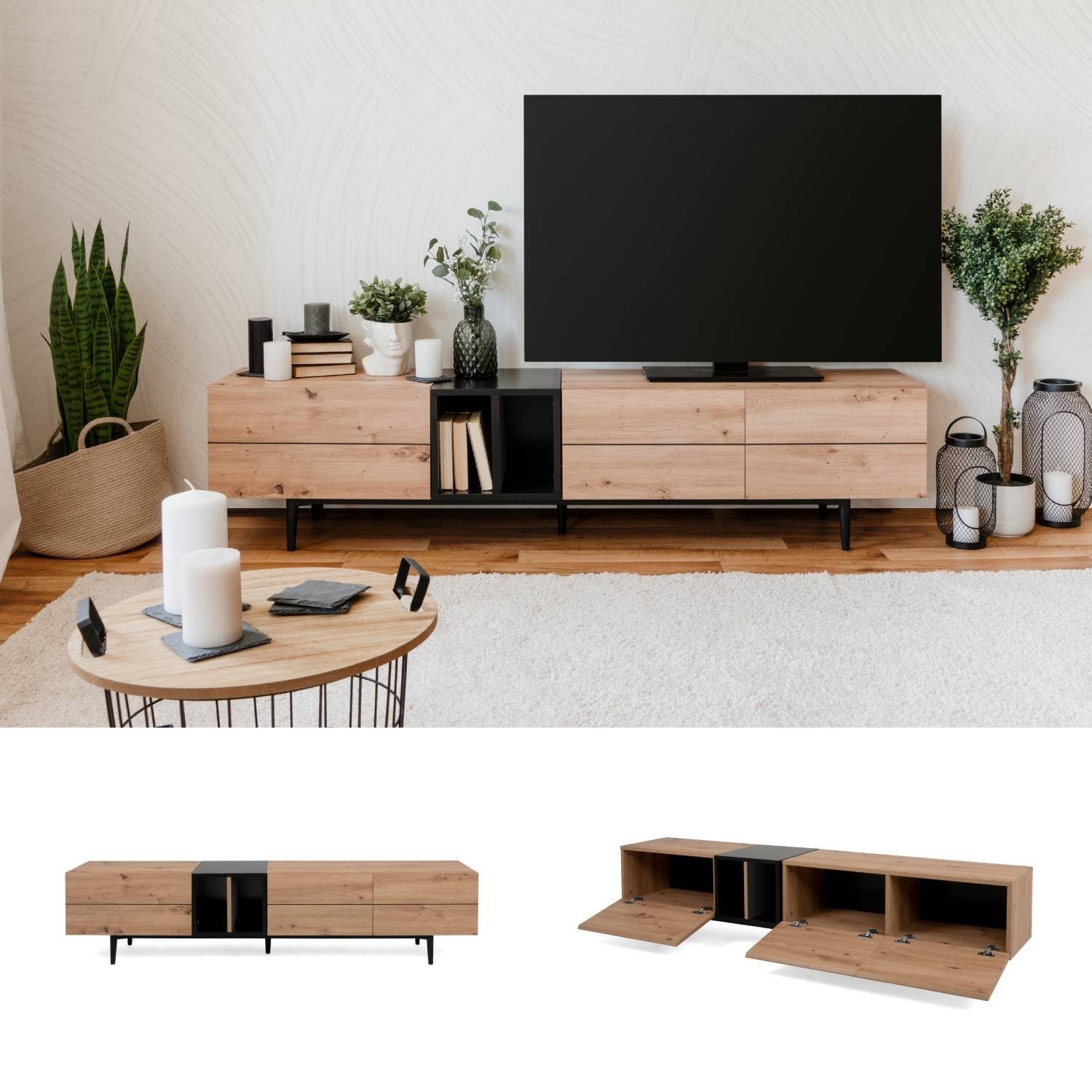 Homestyle4u TV-Board TV-Schrank Sideboard Holz Lowboard Fernsehschrank Weiß 195 cm breit
