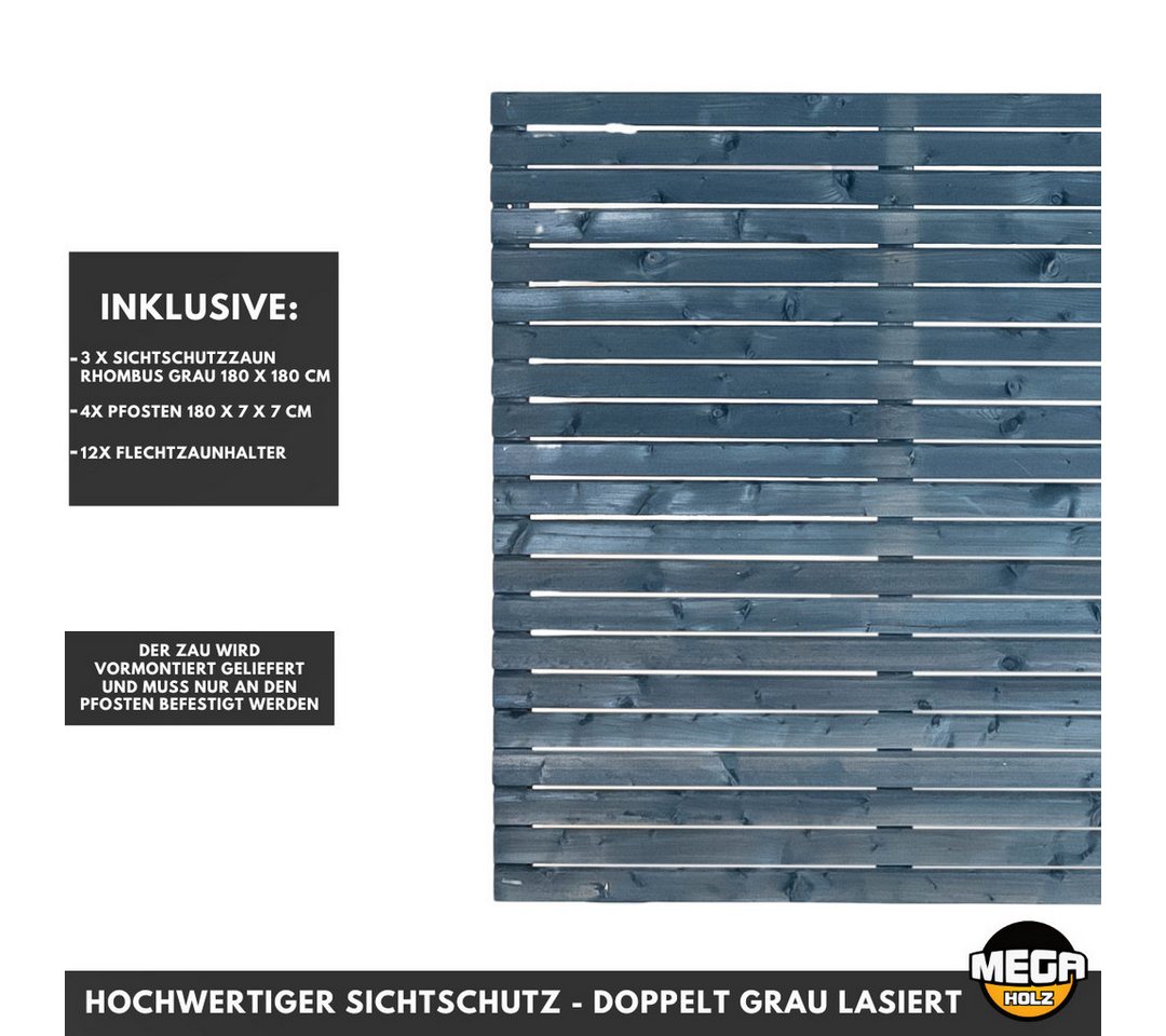 Thumbnail - Mega-Holz Sichtschutzelement Sichtschutz Rhombus Kiefer Grau lasiert 540 x 180 cm Gartenzaun, (Sparset, 19-St., mit Pfos...