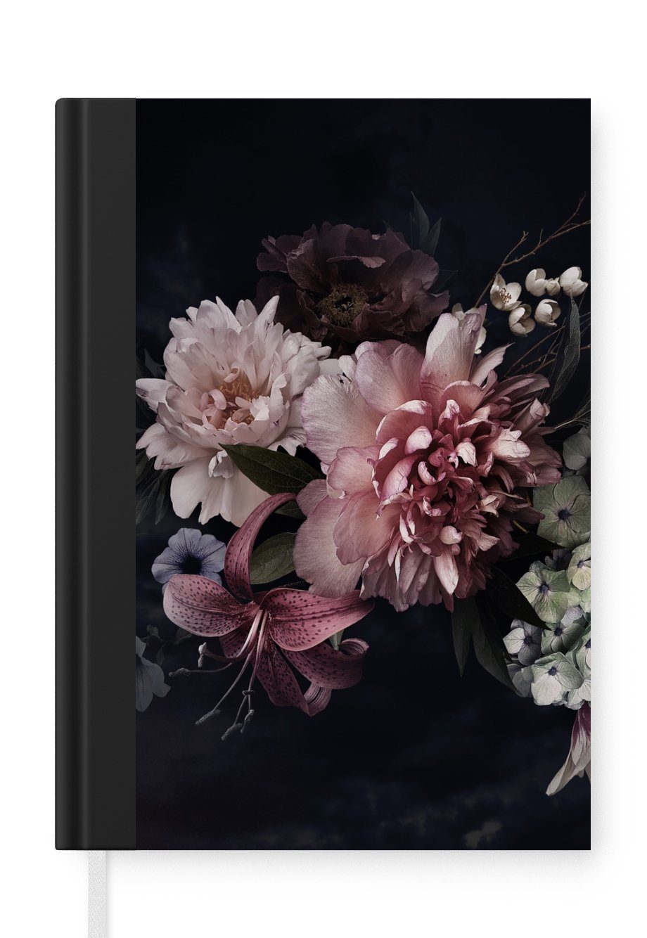 MuchoWow Notizbuch Blumen - Vintage - Pastell - Schwarz - Blumenstrauß, Journal, Merkzettel, Tagebuch, Notizheft, A5, 98 Seiten, Haushaltsbuch