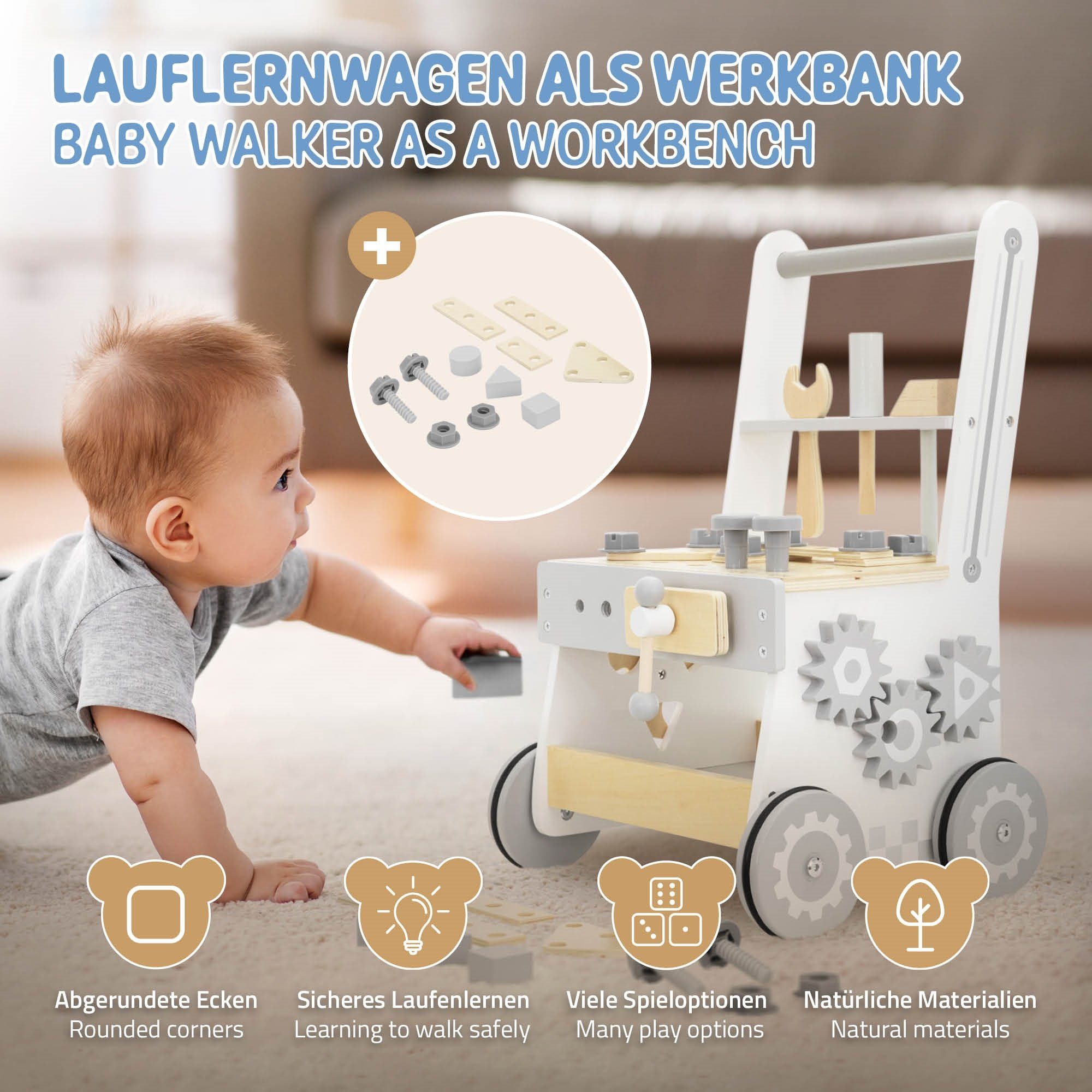 Walker Grau Baby Kinder Gummibereifung Gehfrei Jahr Walker Holz ab Lauflernhilfe Lauflernwagen mit Montessori-Holzspielzeug, Joyz 1 für Baby Gehhilfe