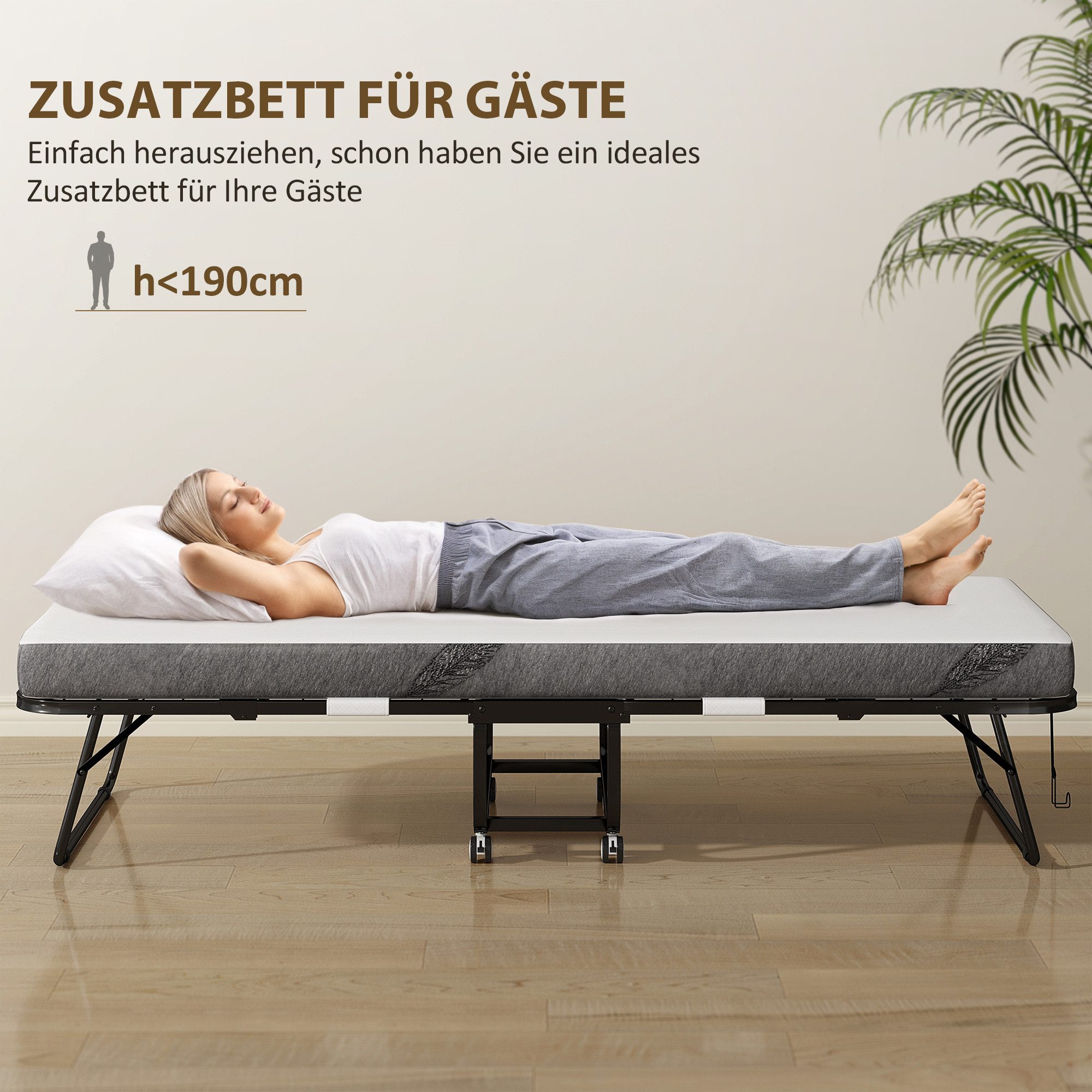 HOMCOM Gästebett Klappbett 90x200 cm mit 10cm Dicker Schaumstoff Einzelbett (Stahl+Schaumstoff, 1-St., Weiß+Schwarz) 200 x 80 x 42,5 cm – Bild 4 von 5