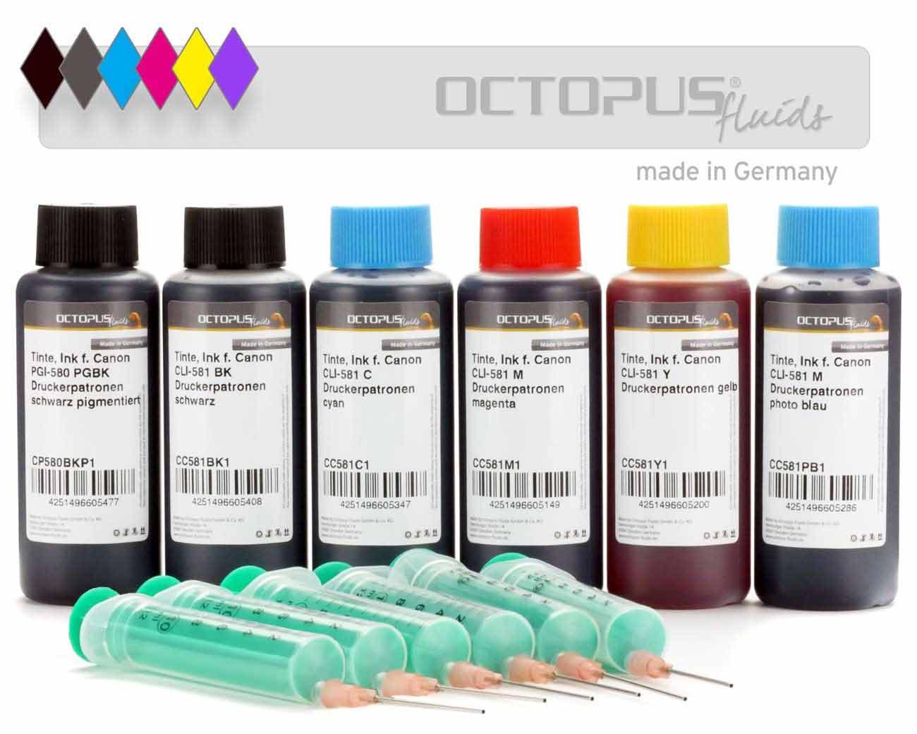 OCTOPUS Fluids Druckertinten für Canon PGI-580 und CLI-581 Druckerpatronen, 6 Farben Nachfülltinte (für Canon, 6x 100 ml)
