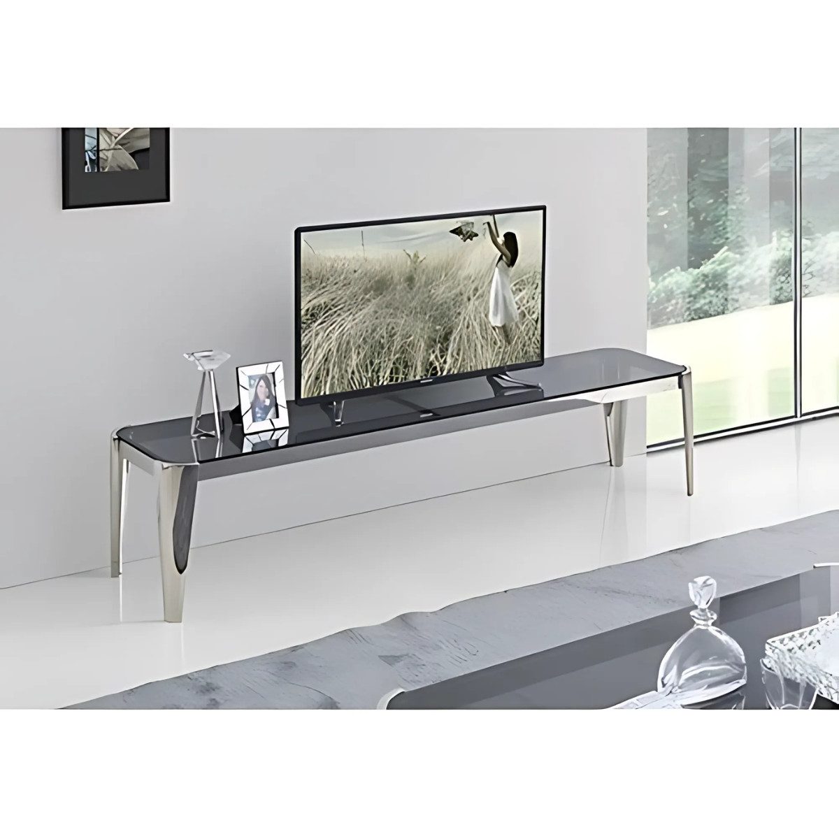 alesvelt TV-Bank Prato Tischplatte aus Glas 200 cm Grau