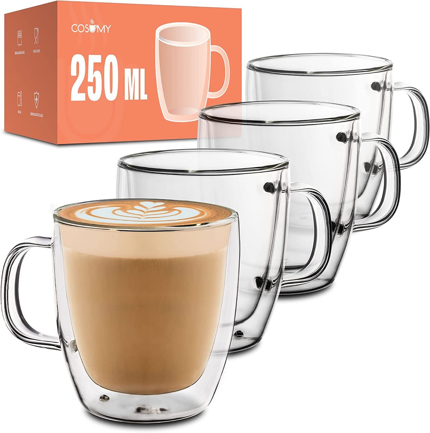 Cosumy Gläser-Set 4 Cappuccino Gläser mit Henkel doppelwandig, Glas, 4er Set - Lange Wärmehaltung - Kaffee, Cappuccino und Tee