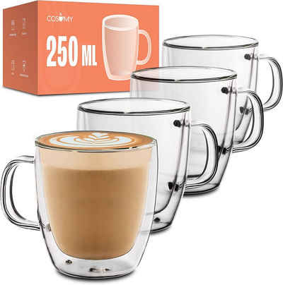 Cosumy Gläser-Set 4 Cappuccino Gläser mit Henkel doppelwandig, Glas, 4er Set - Lange Wärmehaltung - Kaffee, Cappuccino und Tee