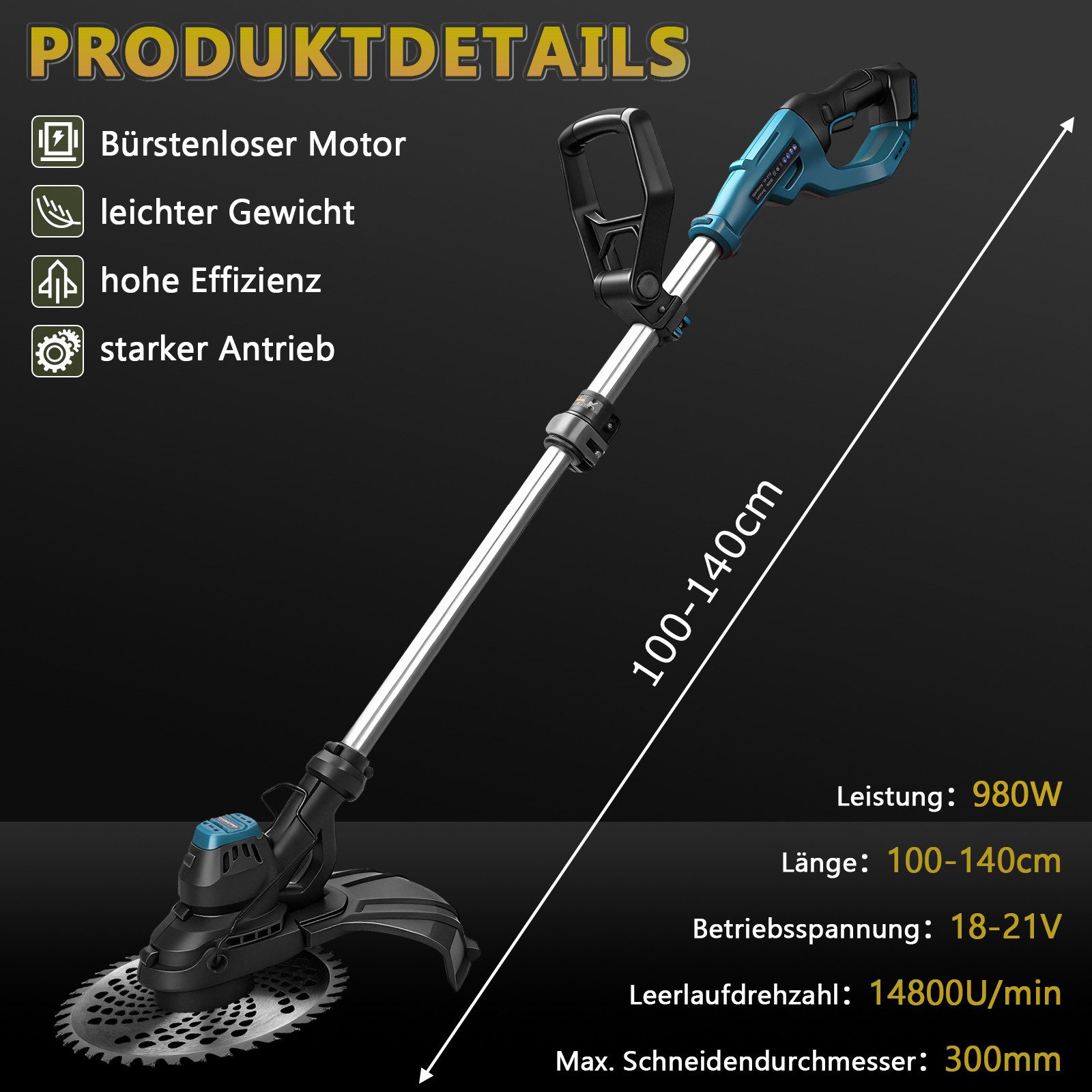 XIIW Akku-Motorsense Akku-Rasentrimmer 980W Bürstenloser Freischneider mit 7 Klingentypen, (14800 RPM, Teleskop 96–136 cm Einstellbar, für Makita 18V), Rasenmäh-Werkzeuge für Höfe, Gärten und Kleinen