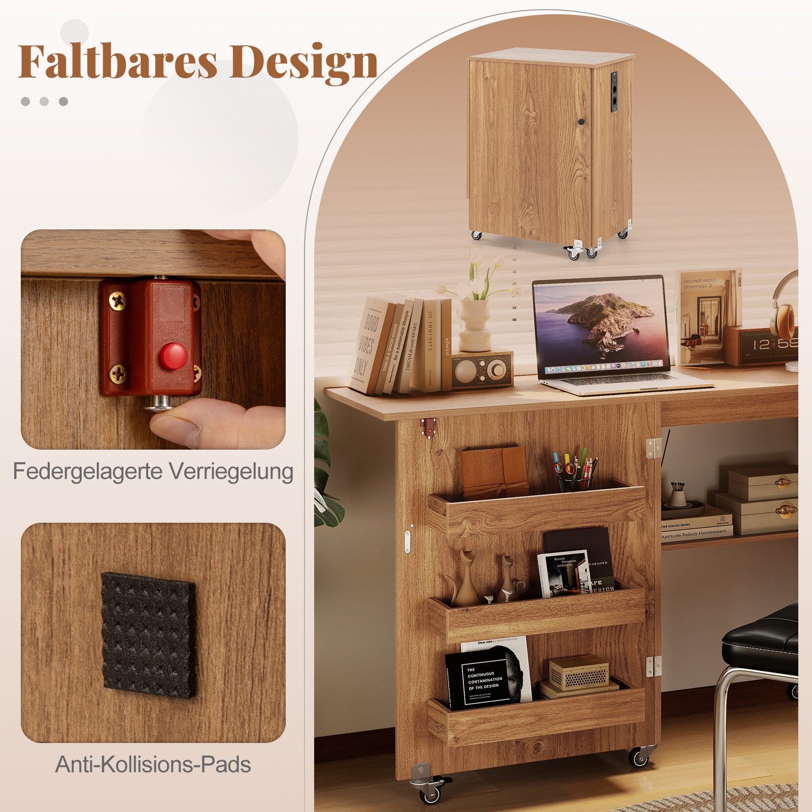 COSTWAY Schreibtisch 2 in 1 Nähtisch klappbar mit Ladestation, Rollen, Nähmaschinenschrank – Bild 2 von 5