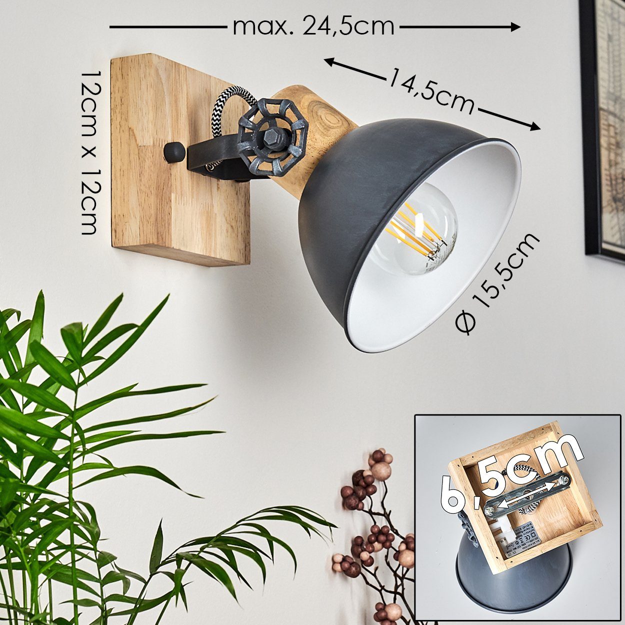 »Cotes« Wandleuchte Design im Leuchtmittel, Grau/Weiß/Braun, Wandspot Fassung, ohne verstellbare Wandlampe Retro/Vintage 1xE27 in aus Metall/Holz hofstein