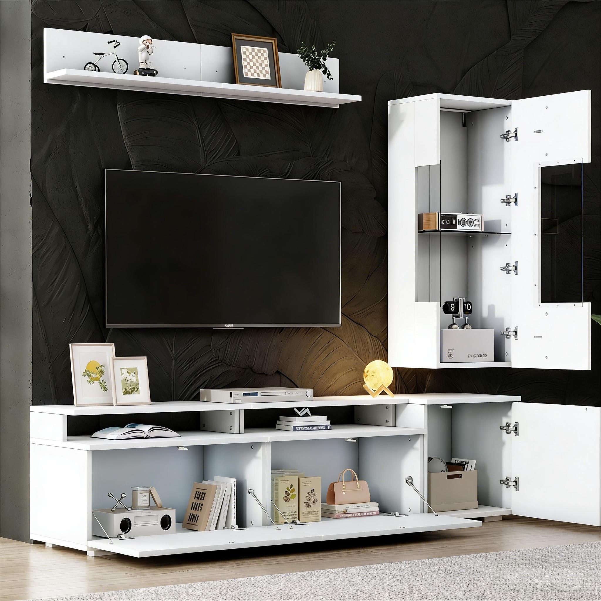 MODFU Wohnwand 3-teiliges Wohnzimmer-Set in Weiß Hochglanz mit LED, (Set, 3-St., Bestehend aus TV-Board, Vitrine & Wandregal), Stilvolle Kombination für TV-Geräte bis 80 Zoll