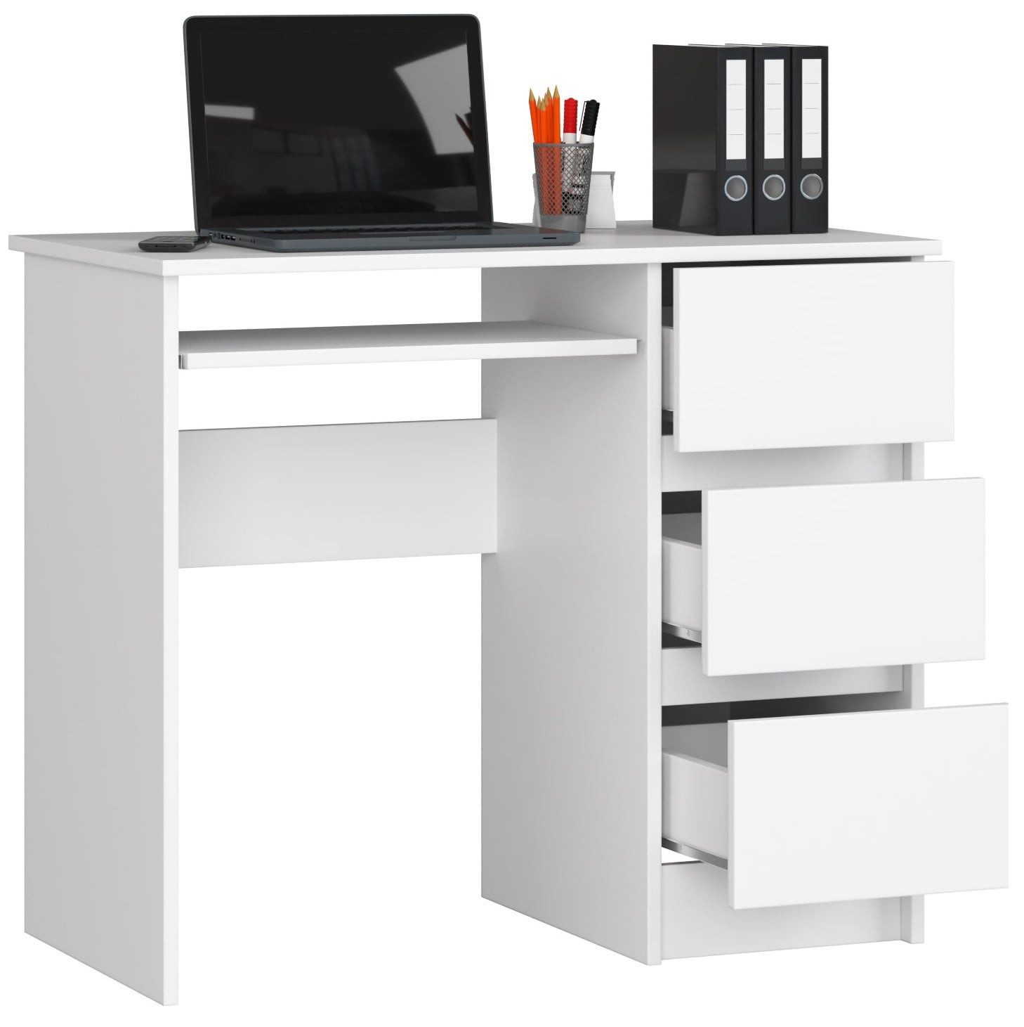 Raumhirsch Furniture Schreibtisch mit Tastaturauszug - zwei Tischvarianten - 90 cm breit, mit 3 Schubkästen - Kasten rechte Variante