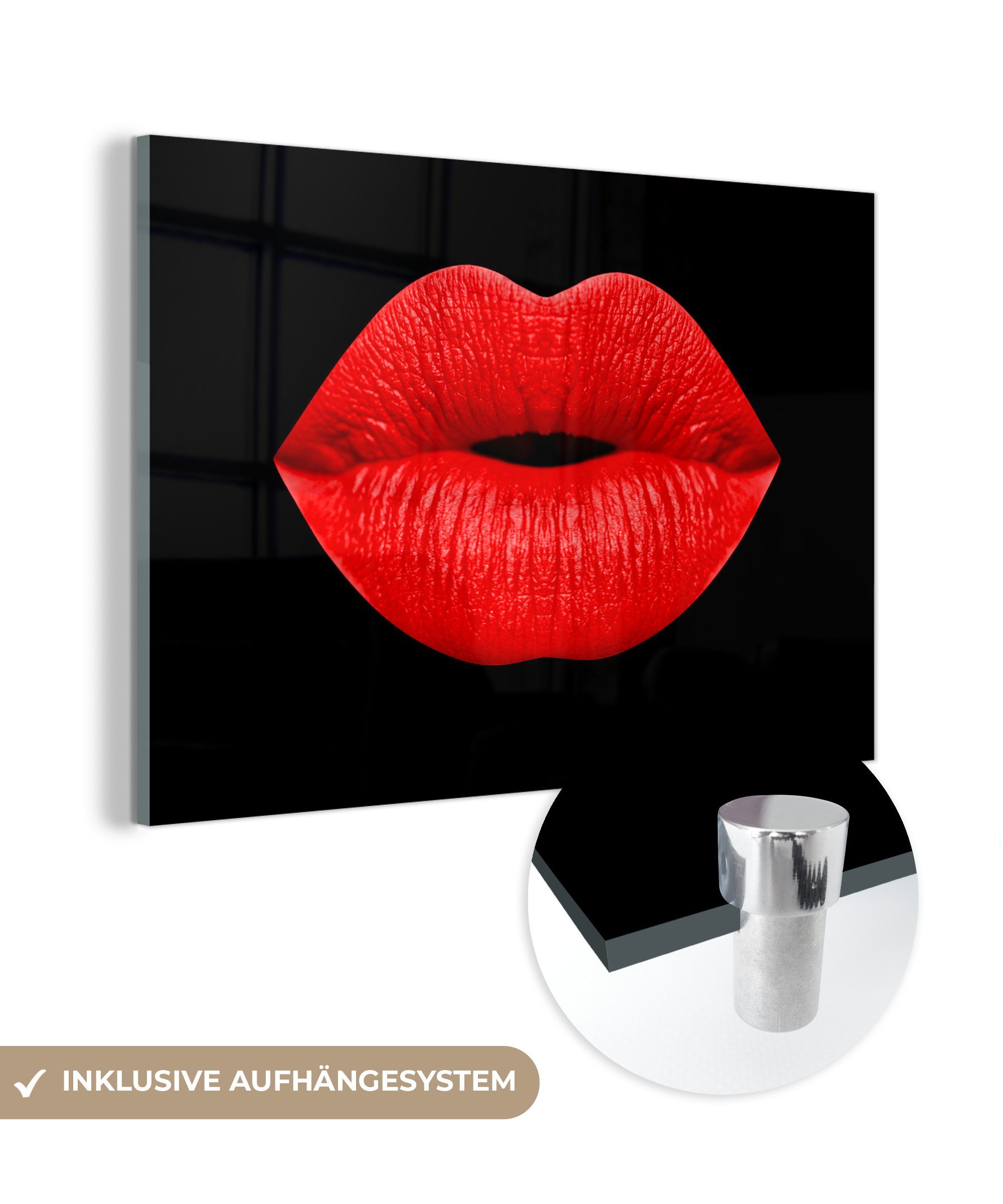 MuchoWow Acrylglasbild Lippen - Rot - Schwarz, (1 St), Glasbilder - Bilder auf Glas Wandbild - Foto auf Glas - Wanddekoration