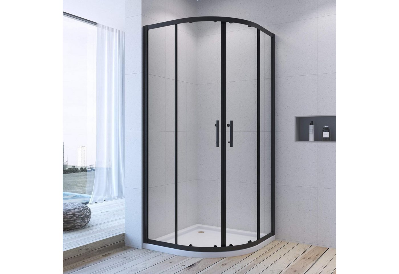 Thumbnail - AQUALAVOS Runddusche 80/90 cm Duschkabine Schwarz Schiebetür eckeinstieg Viertelkreis Rund, BxT: 90x90 cm, 5/6 mm Nano E...