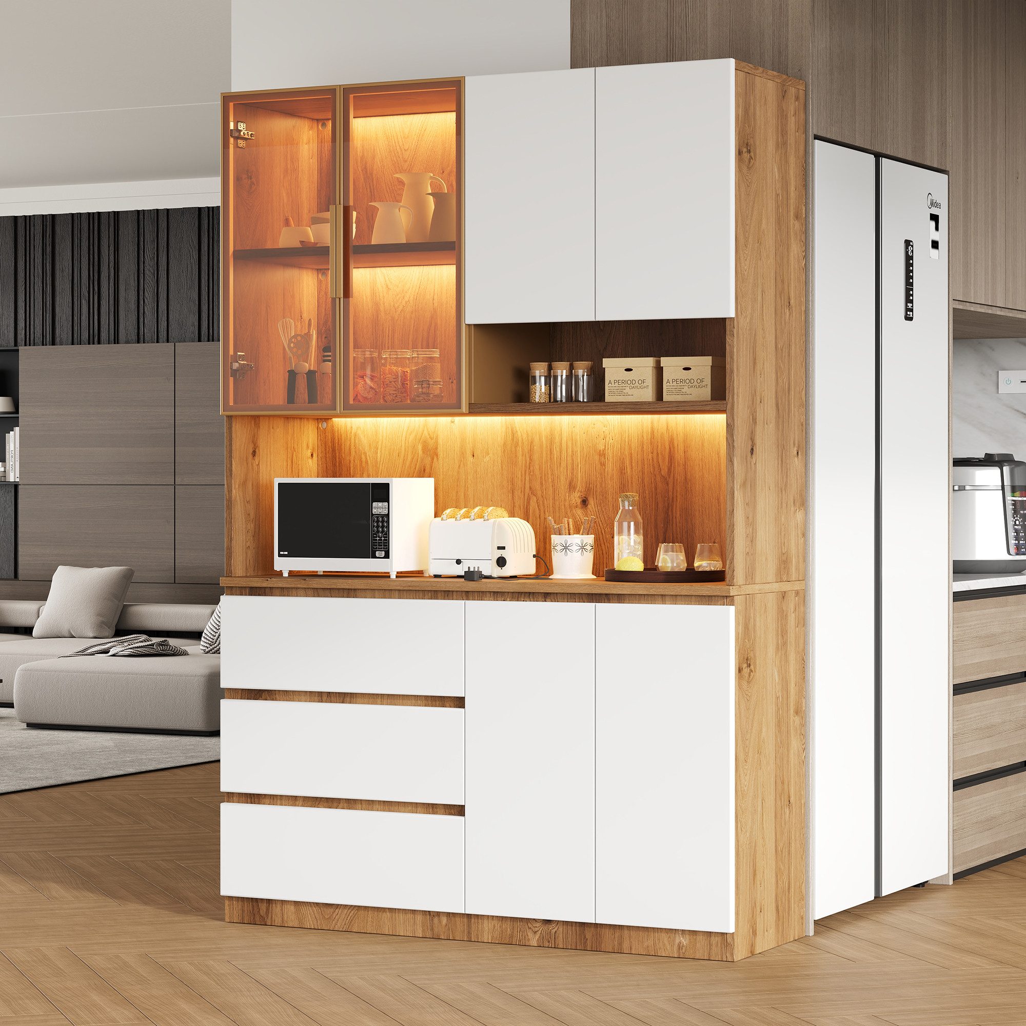 Merax Küchenbuffet Küchenschrank Küchenvitrine mit LED-Beleuchtung (1-St., 3 Schubladen, 6 Türen, Ablagebretter) Multifunktional, Hochschrank, Buffetschrank