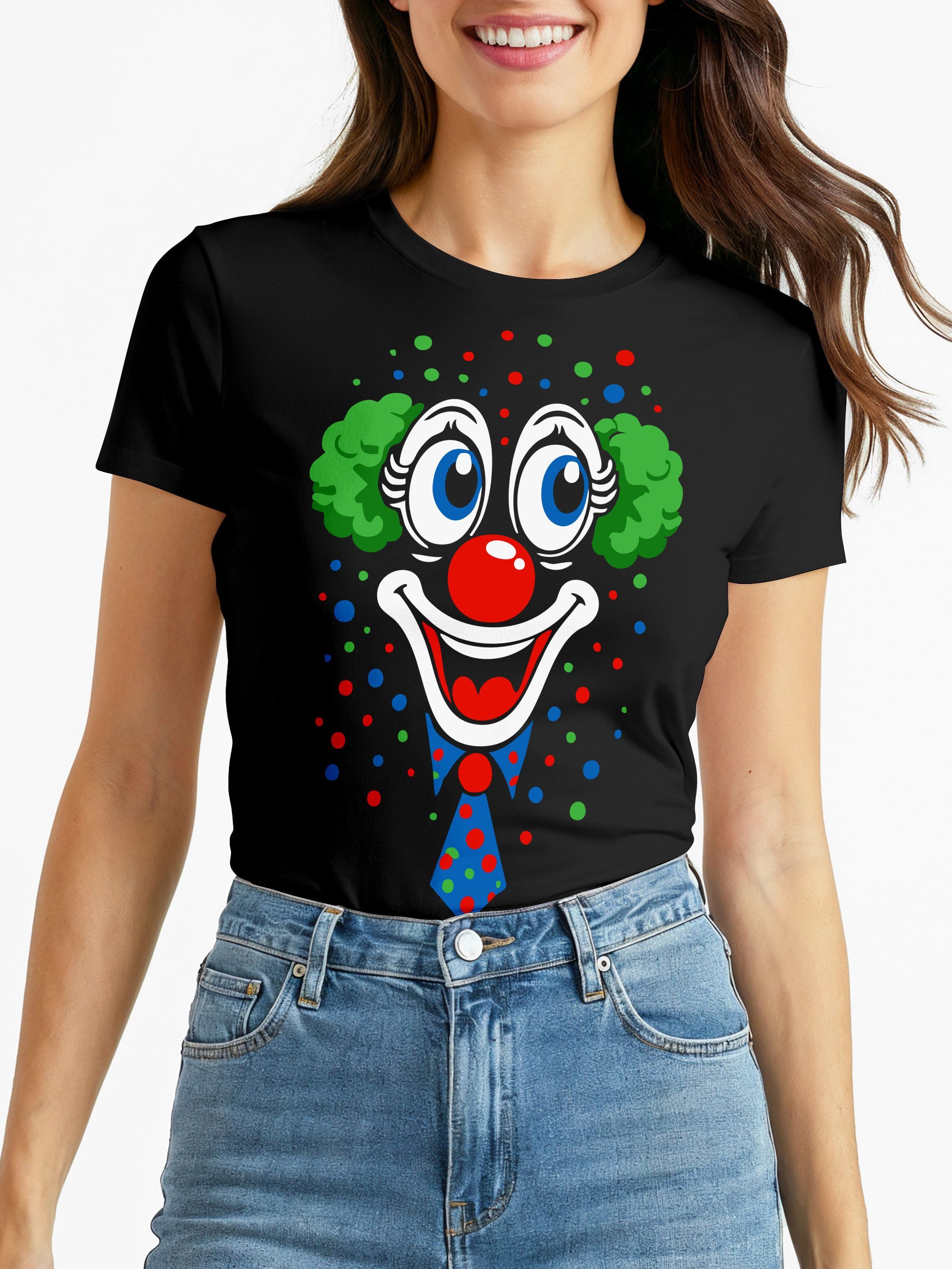Print-Shirt Damen T-Shirt - Clownsgesicht- Fasching Karneval Ersatz Verkleidung