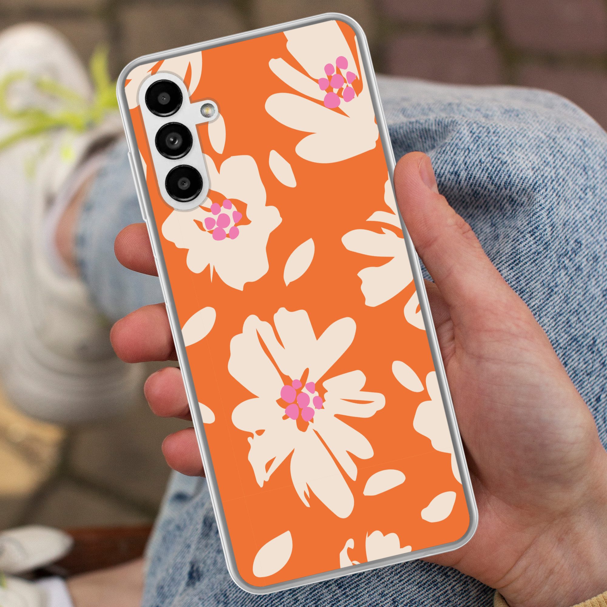 MuchoWow Handyhülle für Samsung Galaxy A04s Blumen - Orange - Beige - Rosa - Abstrakt, Handy Case, Silikon, Bumper Case Dünn
