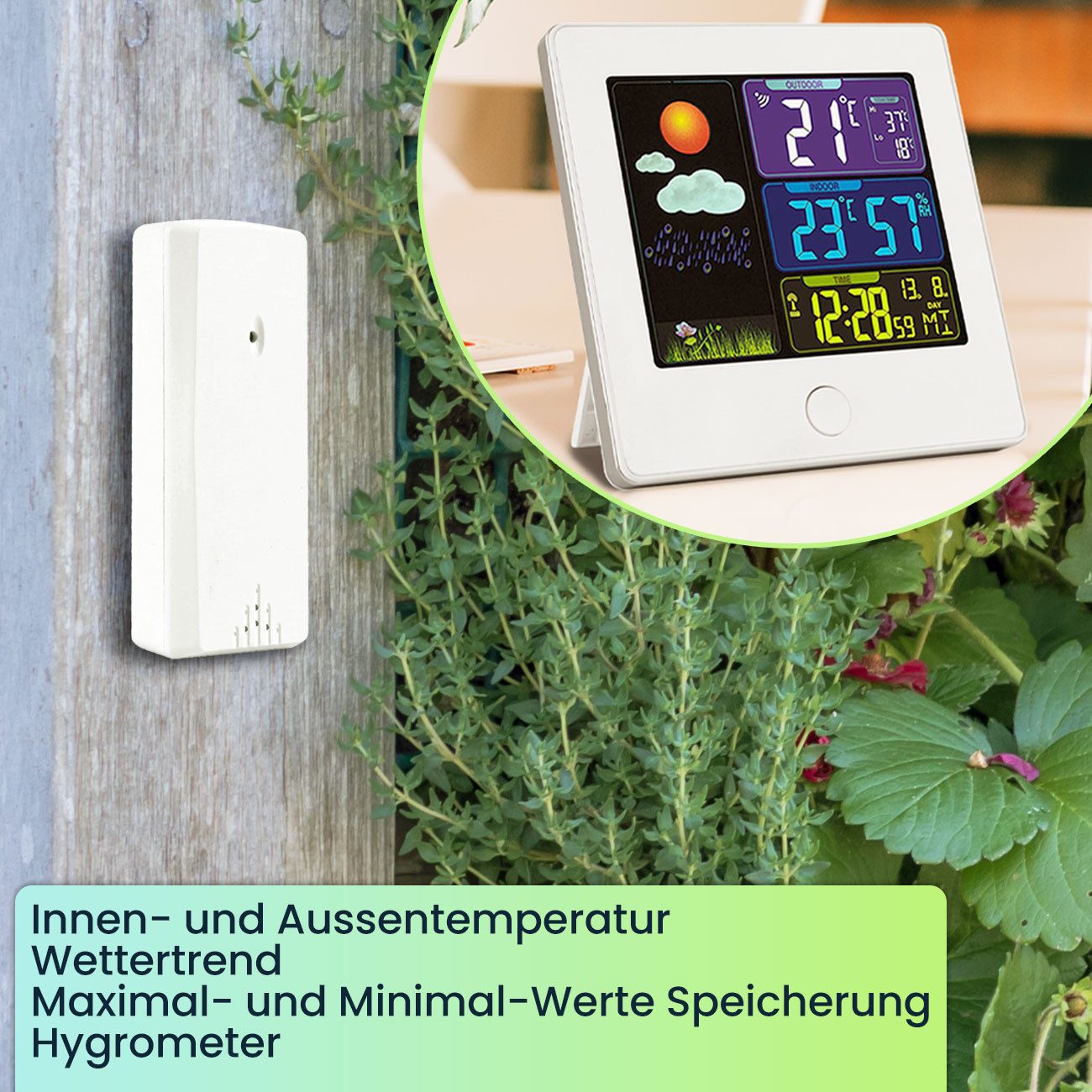 Casativo Funk-Wetterstation mit Außensensor, Farbdisplay, Wecker & Hygro Funkwetterstation (mit 60m Außensensor, Farbdisplay, Min/Max-Speicher & Snooze-Wecker) – Bild 5 von 5