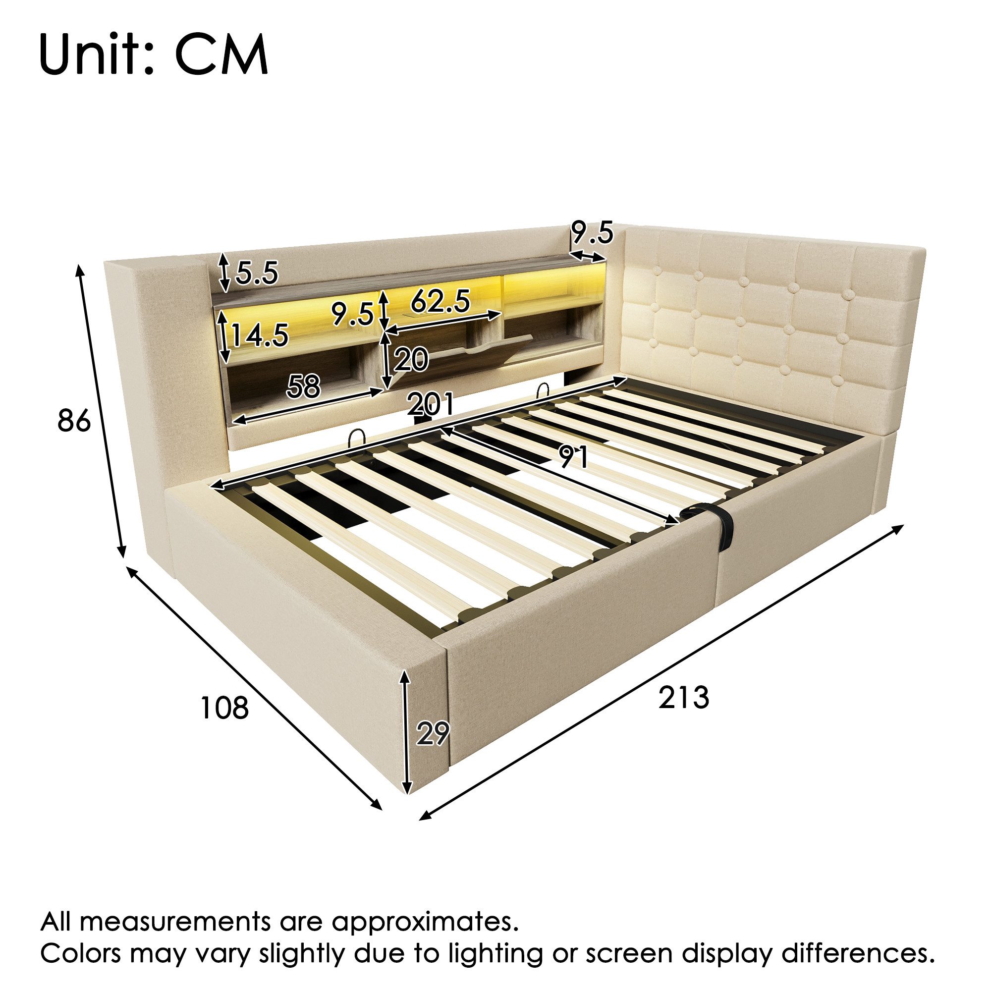 Ulife Polsterbett 140×200cm&weitere Größen mit Bettkasten, LED, hydraulischem Stauraum (1-tlg., Ohne Matratze), L-förmigem Kopfteil beidseitig montierbar, Kinde – Bild 2 von 5