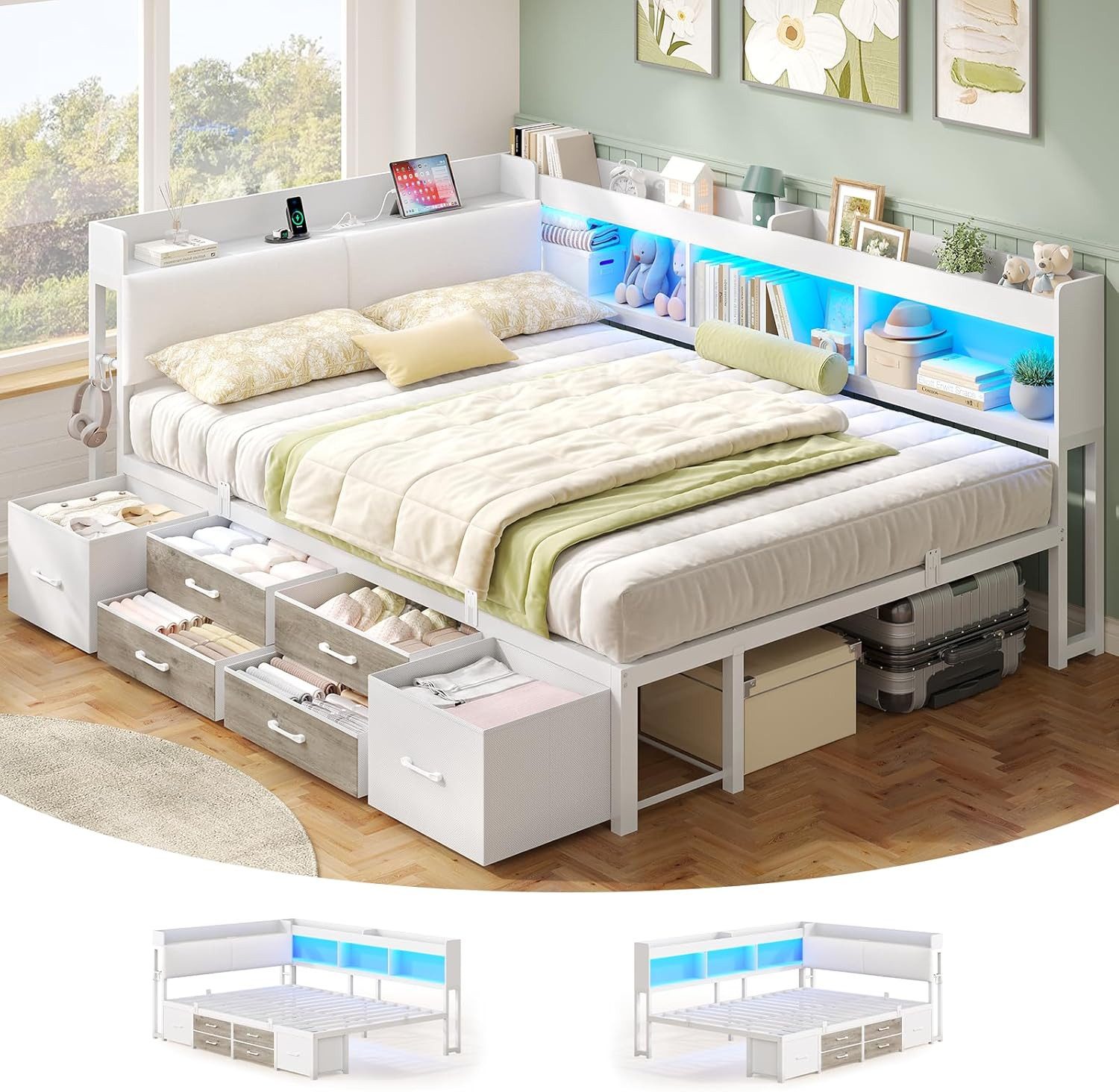 MSMASK Daybett Tagesbett Schlafsofa mit LED-Beleuchtung & Ladestation, Jugendbett mit 6 Staufächern und 6 Schubladen – Liegefläche 140x200 cm