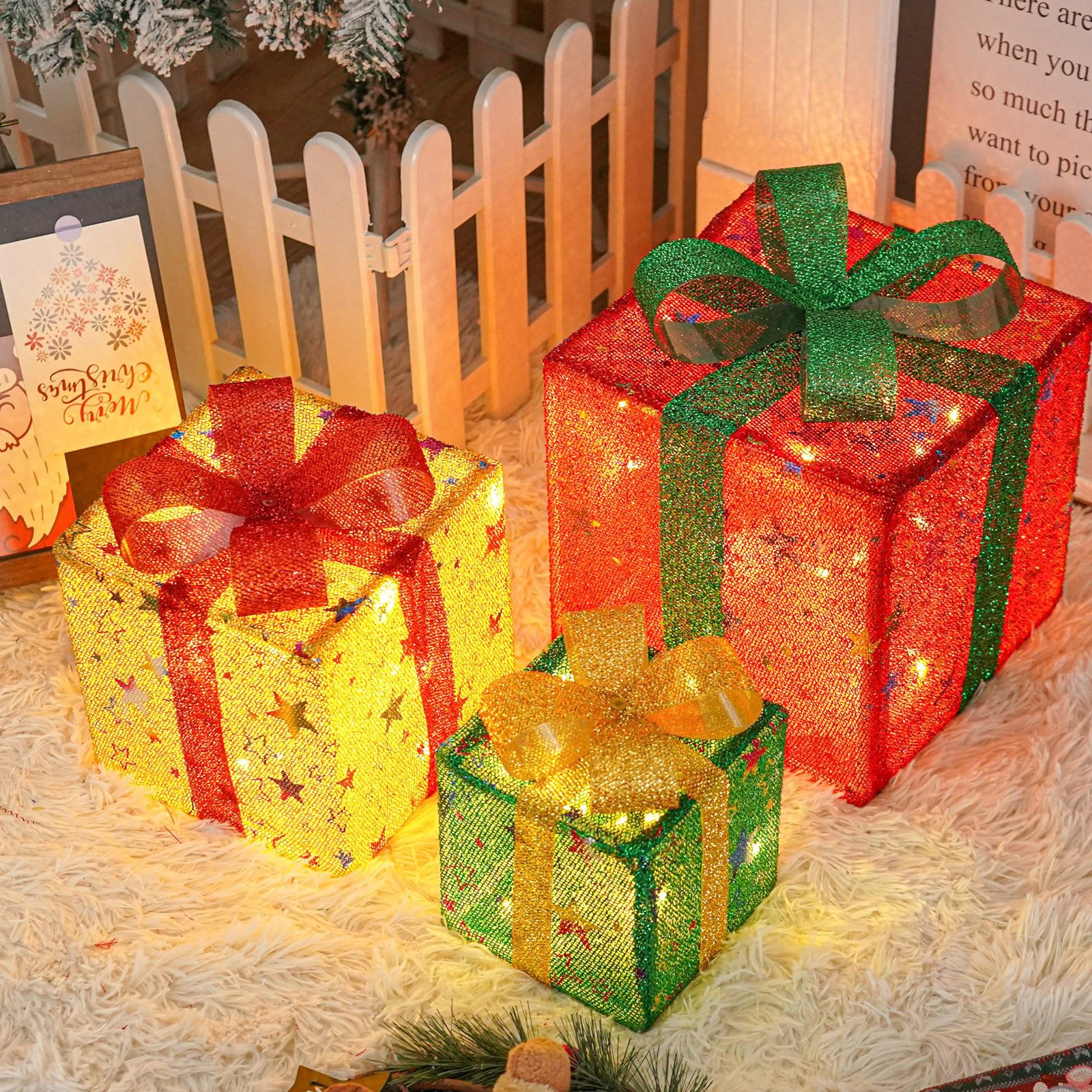 MUPOO Weihnachtsfigur LED Beleuchtete Geschenkbox 3er Set Weihnachten,Weihnachtsdekoration (3 St), 8 Modi/Timer,Für Weihnachten, Hochzeiten,Verlobungen,Jubiläen