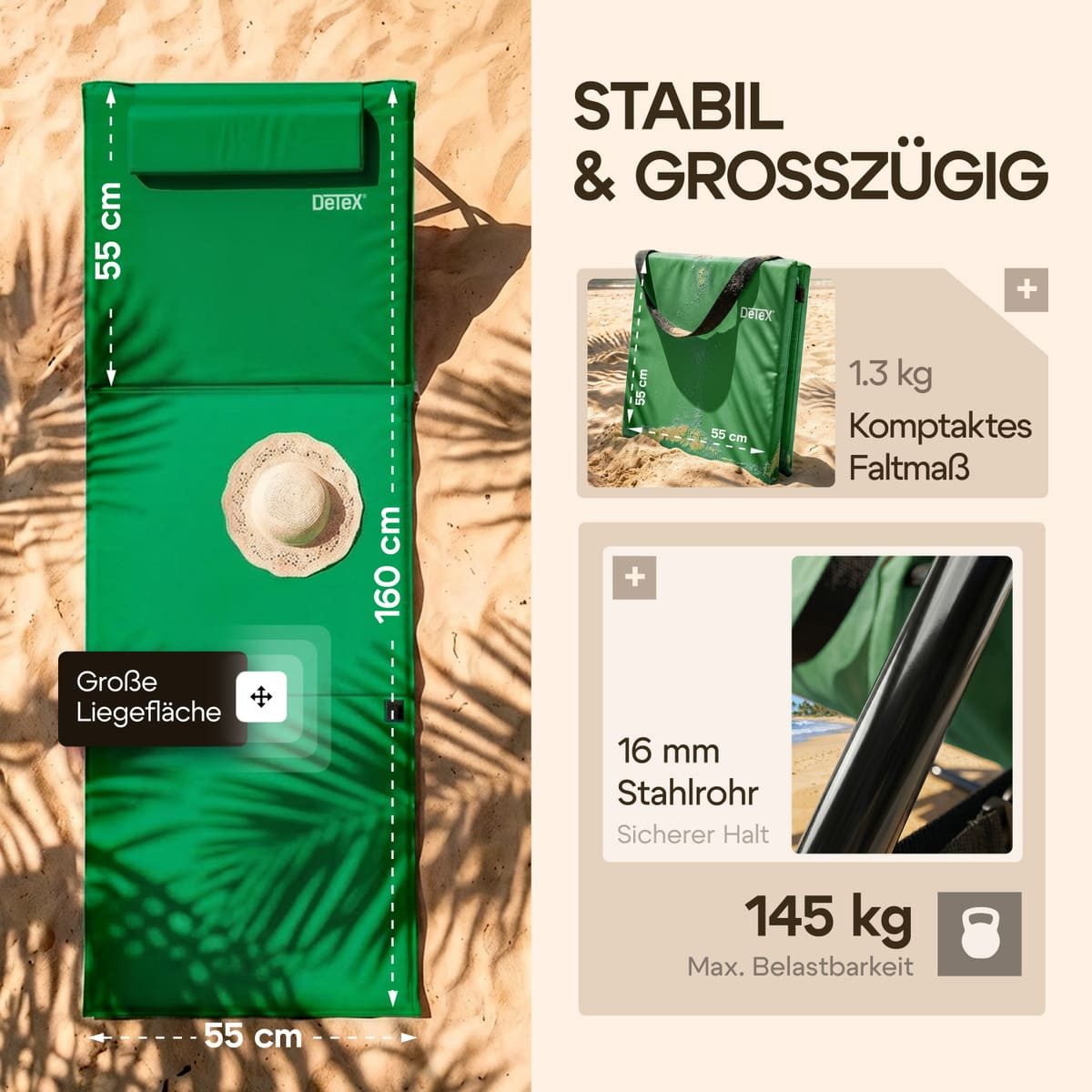 Detex Gartenliege, Strandmatte Gepolstert mit Rückenlehne Strandliege Klappbar Tragbar