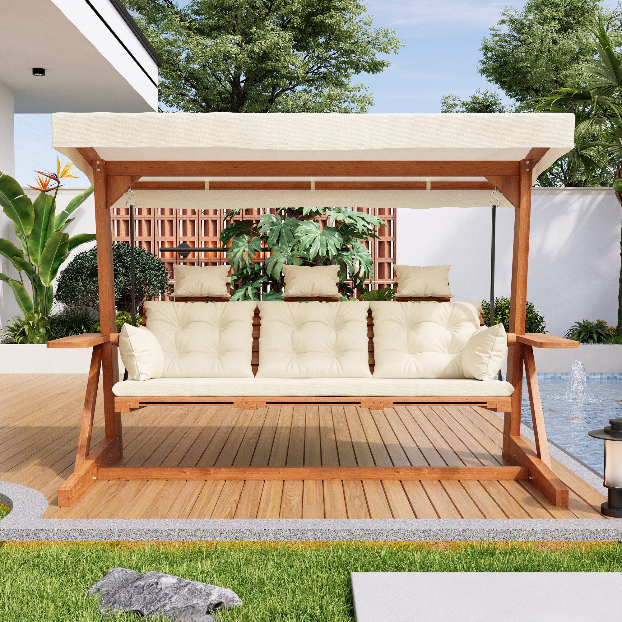 Merax Hollywoodschaukel aus Lärchenholz, Gartenmöbel mit dicken Auflagen, 3-Sitzer, 1 tlg., Gartenschaukel mit integriertem Sonnenschutz & ausziehbarer Fußstütze