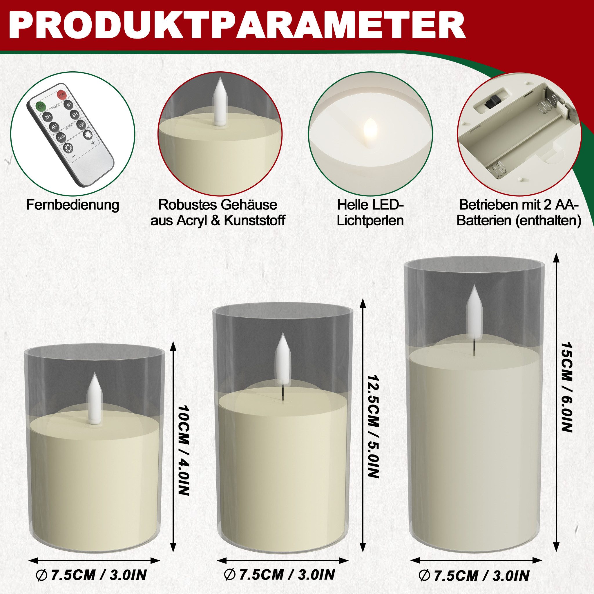 FIVMEN LED-Kerze 3 Stück LED Kerzen Flammenlosekerzen mit Fernbedienung Acryl Shell