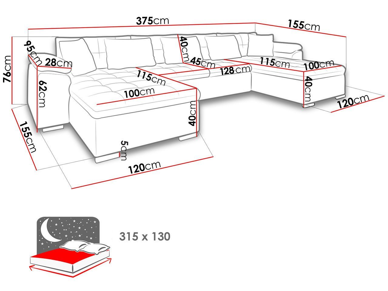 MIRJAN24 Wohnlandschaft U-Form, mit 375 Wicenza cm Länge: Kissen-Set, symmetrisches Premium, Schlaffunktion