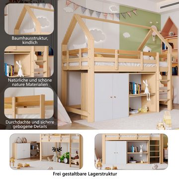 NMonet Hochbett Kinderbett Etagenbett 90x200cm Hausbett aus Massivholz, mit Schrank, 2 Regale und Treppe, Bettrahmen