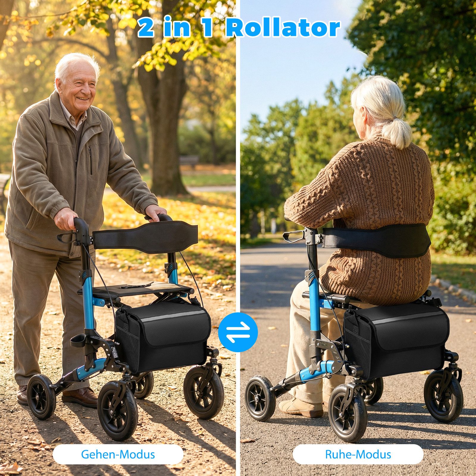 COSTWAY Rollator, Faltbar und leicht mit Sitz, Tasche & Stockhalter, bis 136 kg