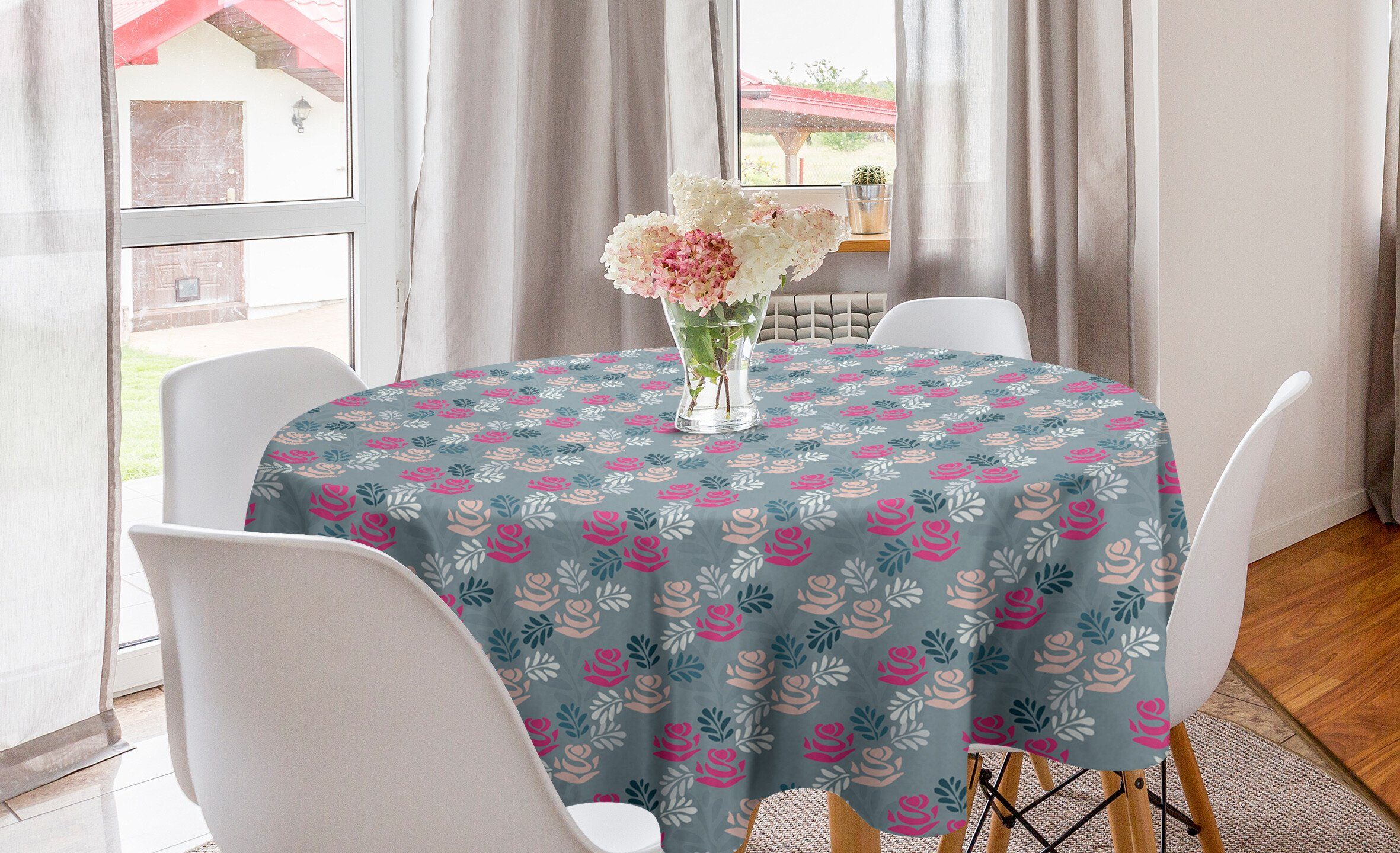 Abakuhaus Tischdecke Kreis Tischdecke Abdeckung für Esszimmer Küche Dekoration, Blumen Belaubter Zweig und Rosen-Motiv