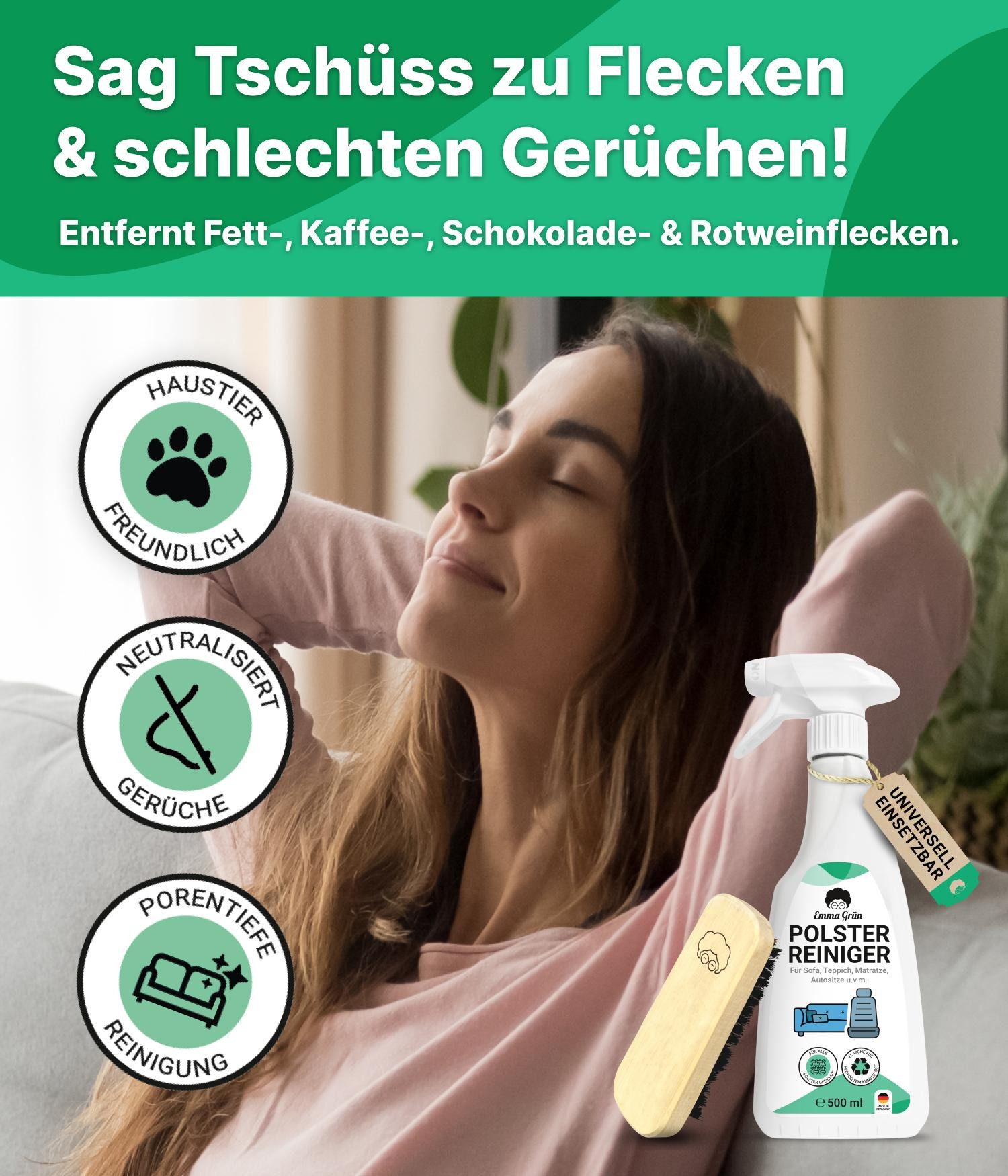 Emma Grün Sofa Reiniger 500 ml mit Polsterbürste Polsterreiniger (für Sofas & Autositze, stark gegen Gerüche & Flecken, aus Deutschland)