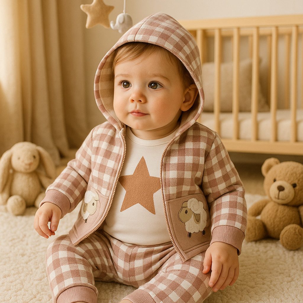Neugeborenen-Geschenkset Jungen Outfit, 3-teilig, Langarmbody + Hose + Jacke, Türkis, Braun