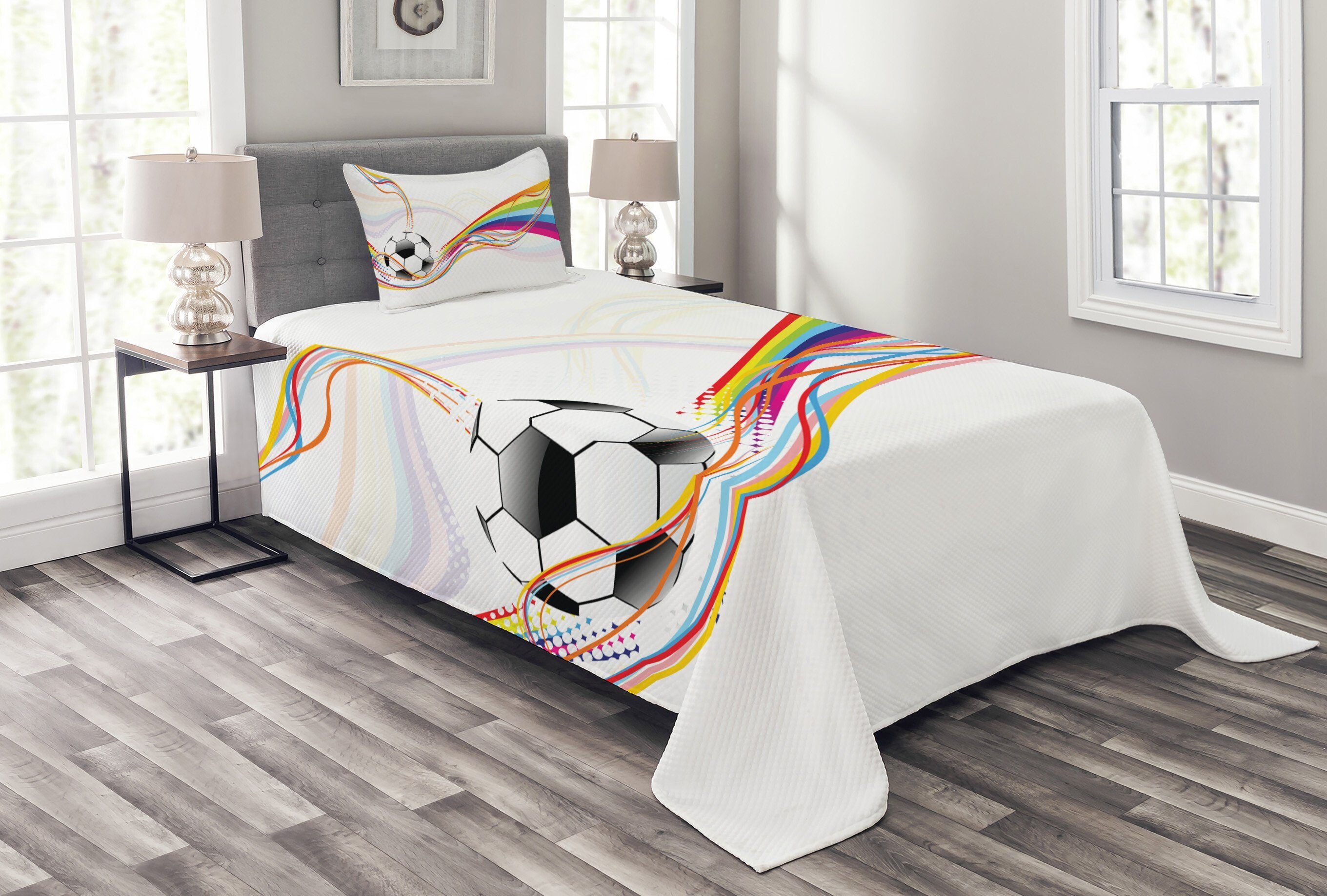 Tagesdecke Set mit Regenbogen-Muster-Linie Abakuhaus, Kissenbezügen Waschbar, Fußball