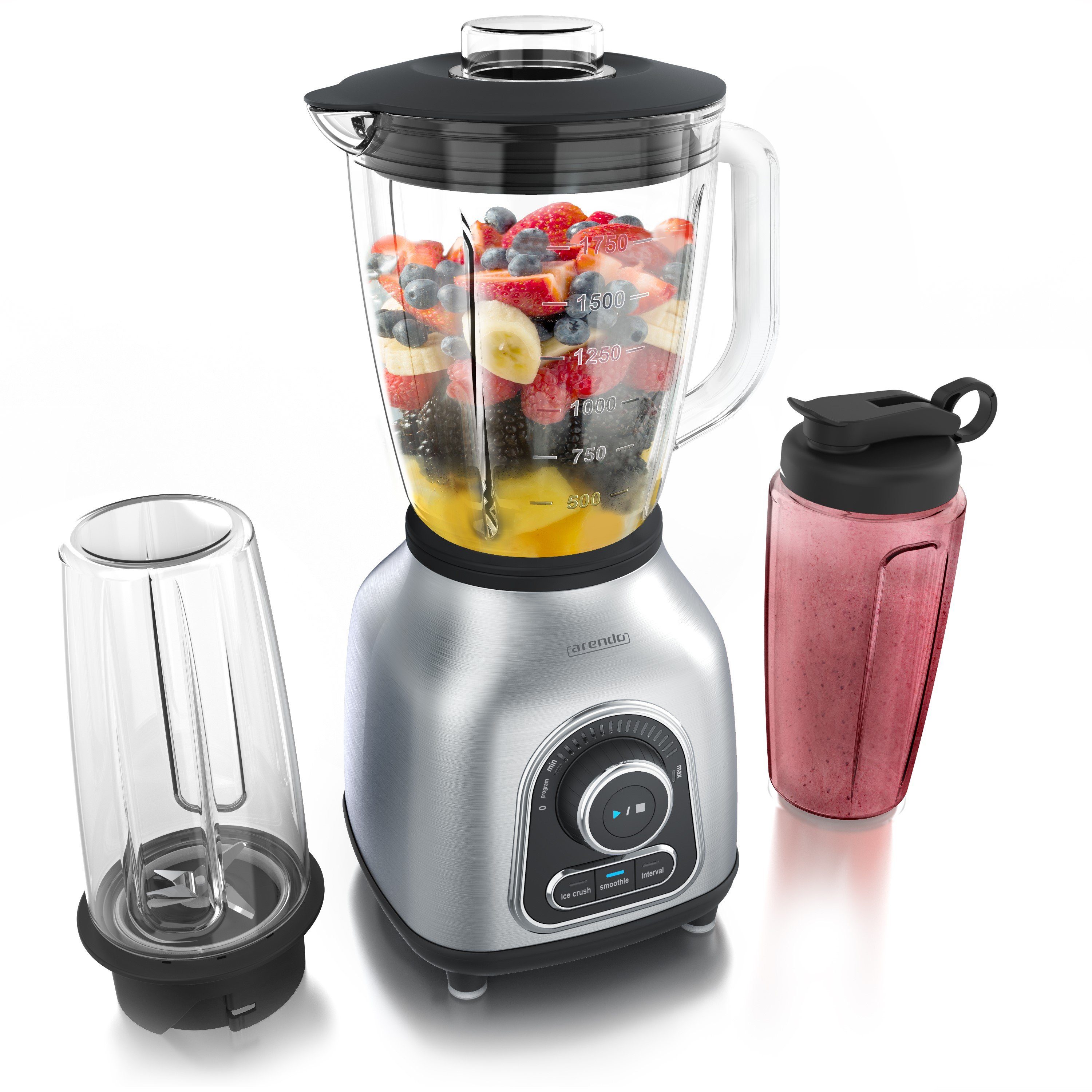 Arendo Standmixer, 1400 W, Edelstahl Power Mixer 1.7L Glasbehälter, 2x 0.6L Mixbecher