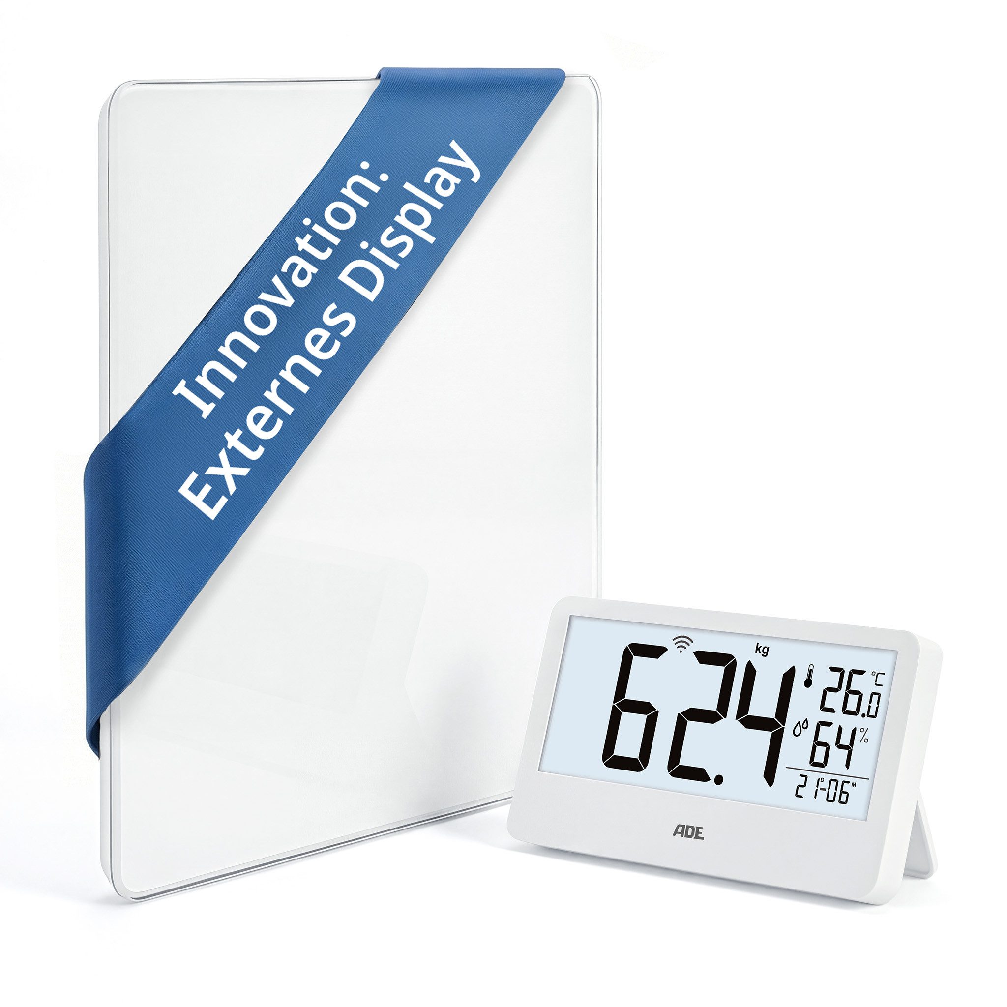 ADE Personenwaage digital mit externem Display, kabellose Funkübertragung, mit Uhrzeit, Thermometer, Hygrometer